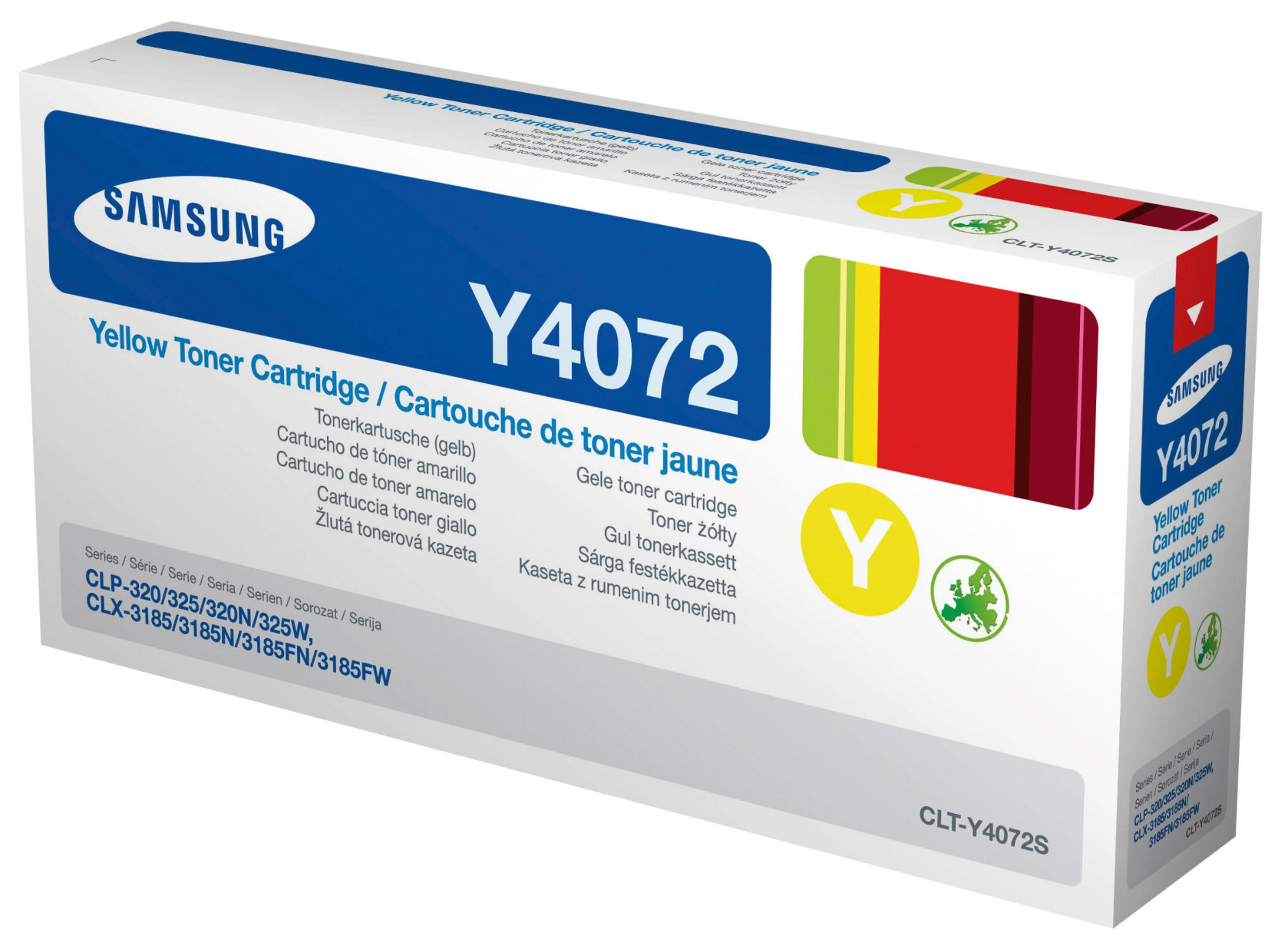 Samsung gelbe Tonerkartuschenbox mit Text in mehreren Sprachen und einem gelben 'Y'-Symbol.