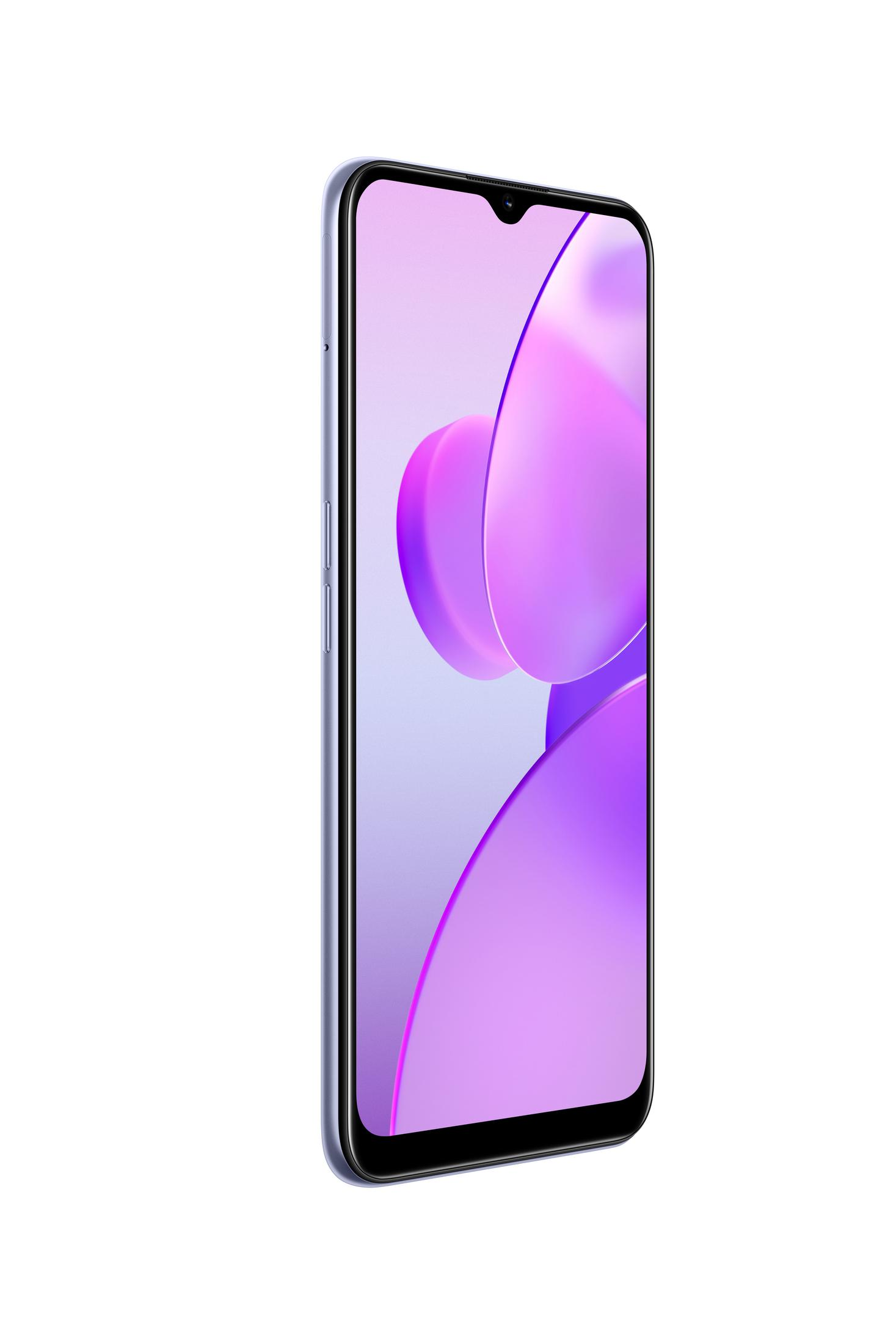 Smartphone mit einem abstrakten lila und weißen Design auf dem Bildschirm.