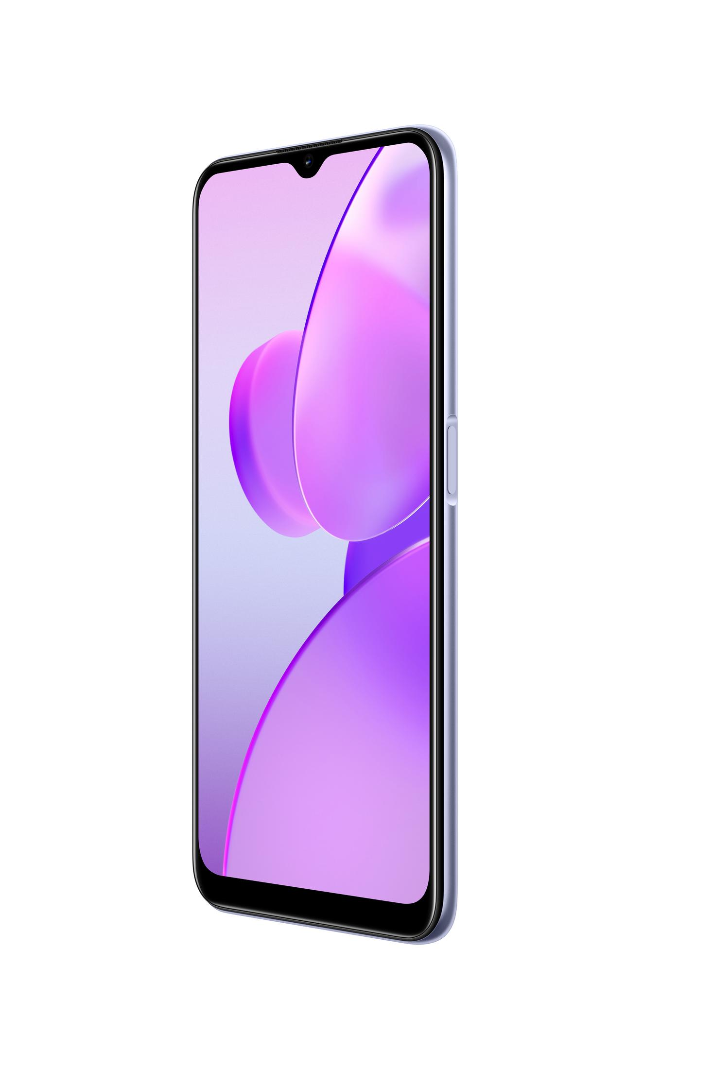 Smartphone mit lila und rosa Farbverlauf auf dem Bildschirm. Blauer Rahmen. Weißer Hintergrund, Seitenansicht.