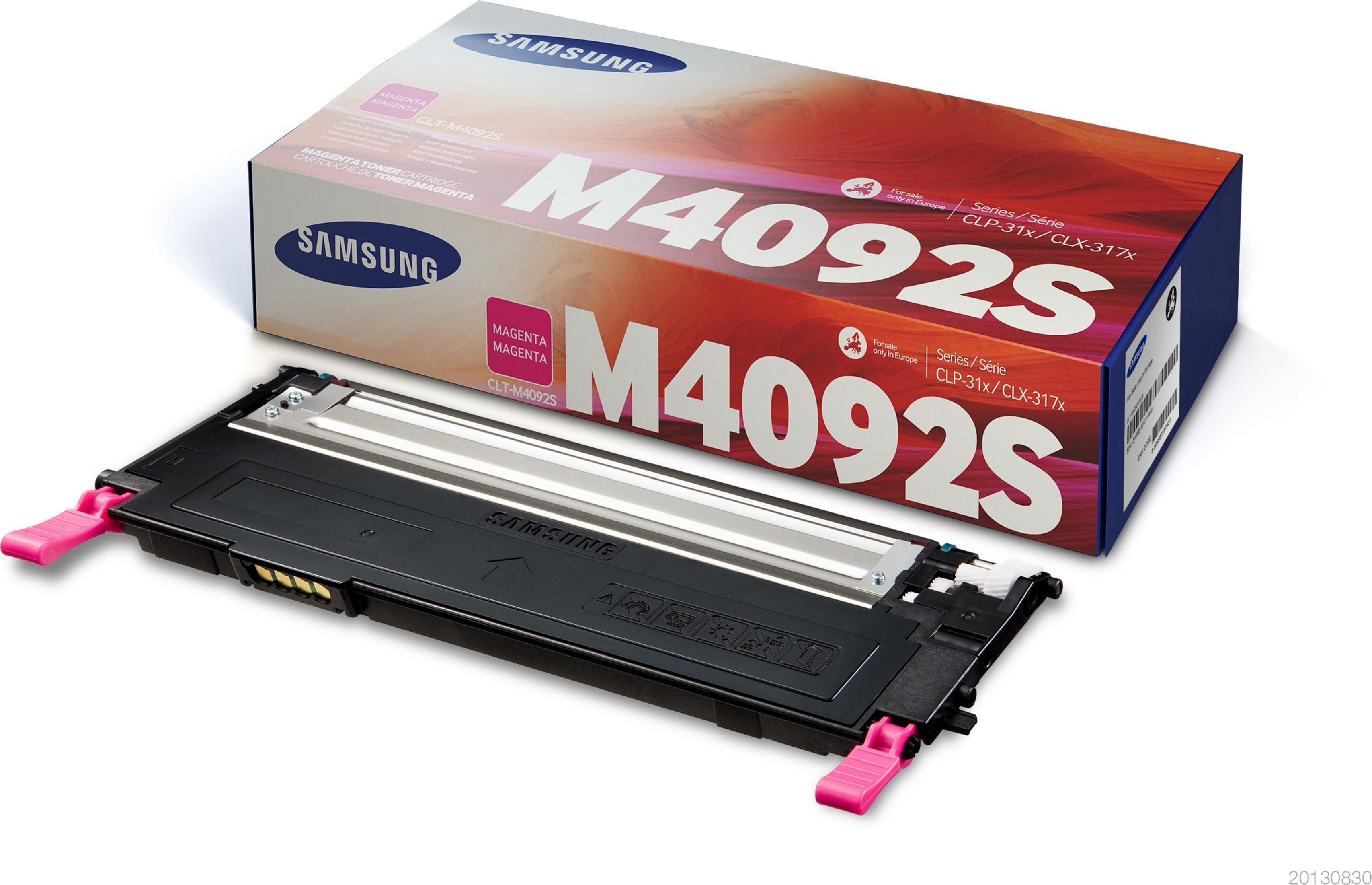 Toner magenta Samsung M4092S e scatola su una superficie bianca.