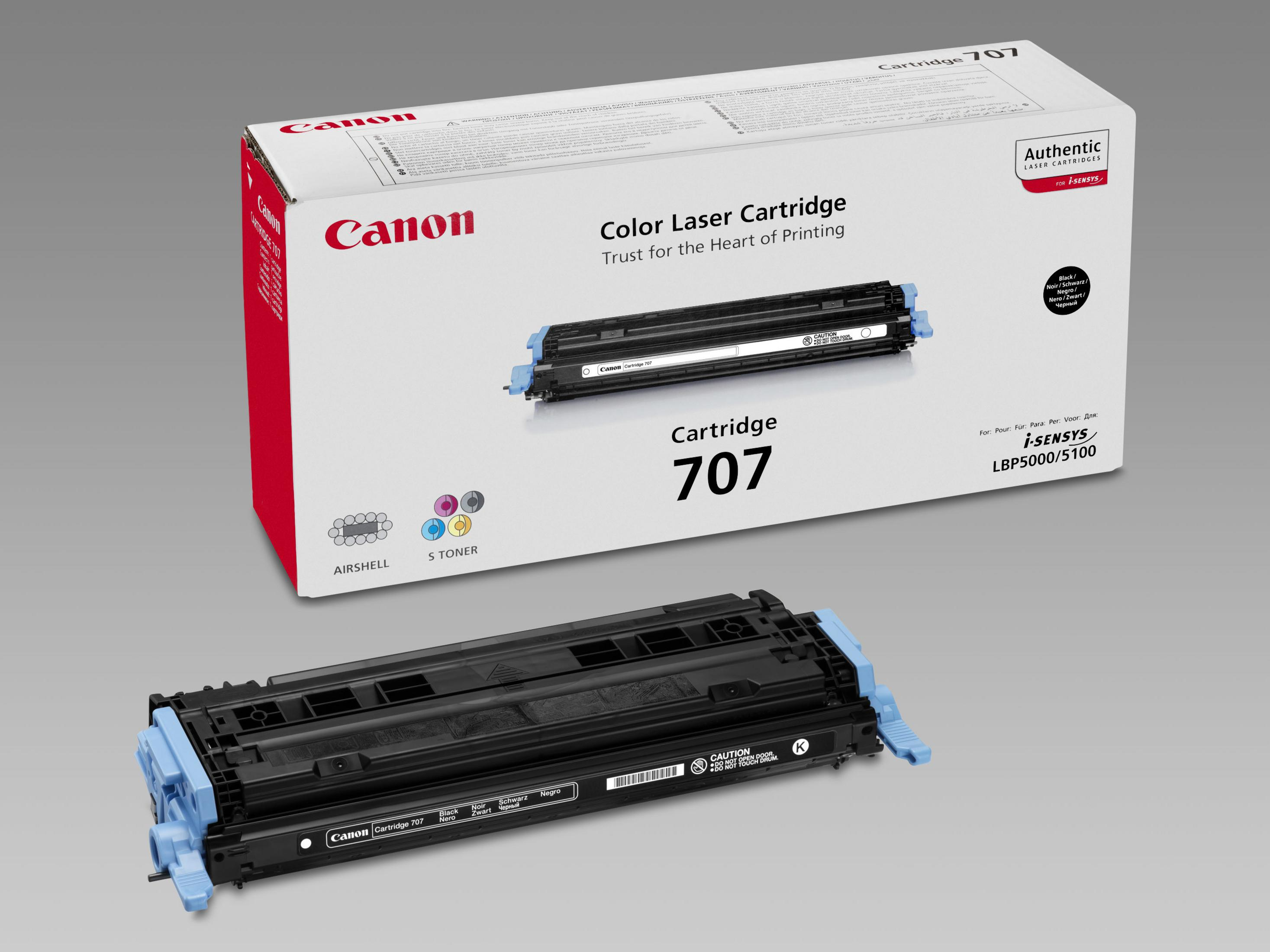 Canon 707 color laser cartridge box and cartridge. Black cartridge with blue accents.
