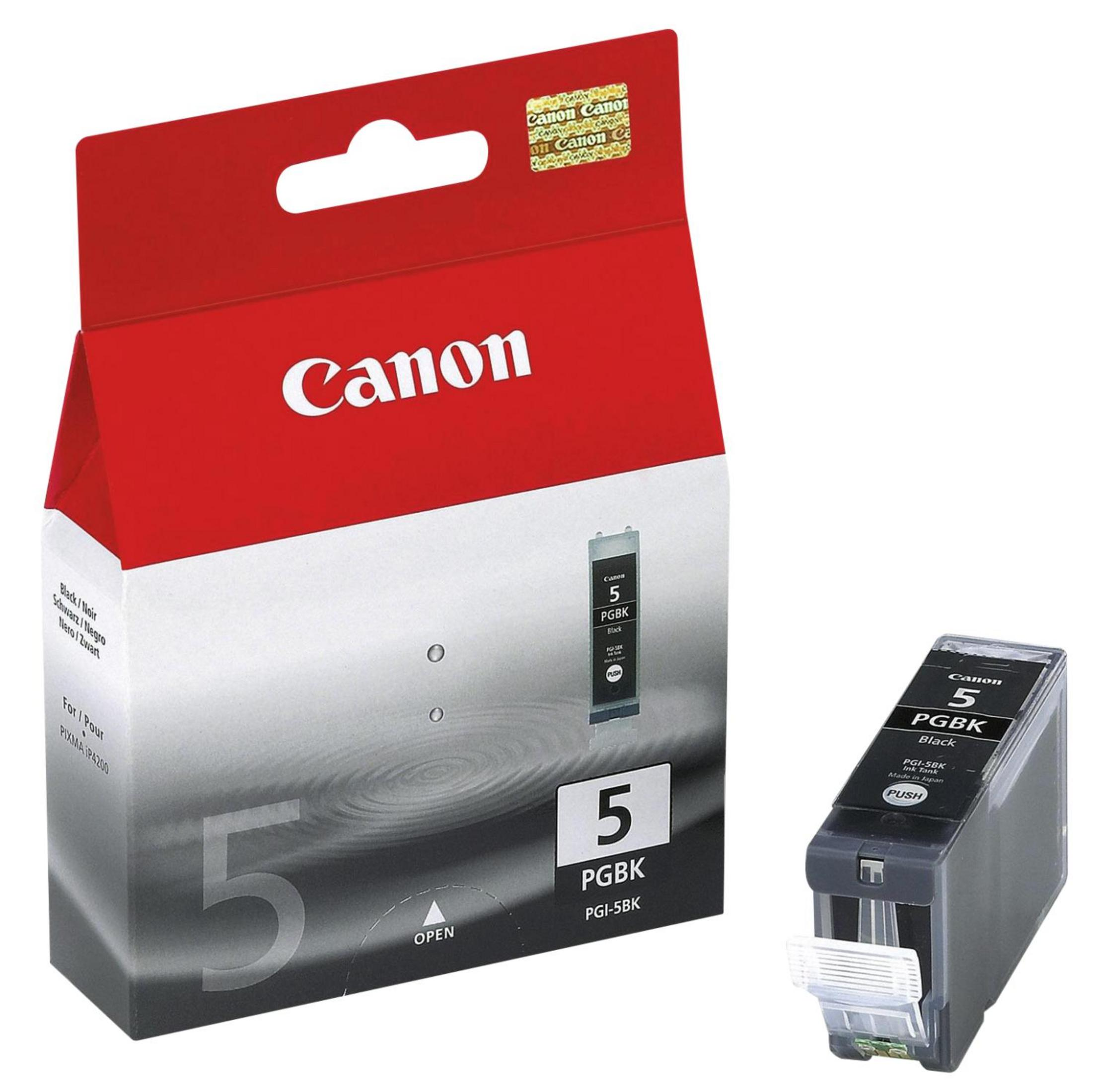 Canon ink cartridge box and cartridge. Red and white box and black cartridge with a black ink.