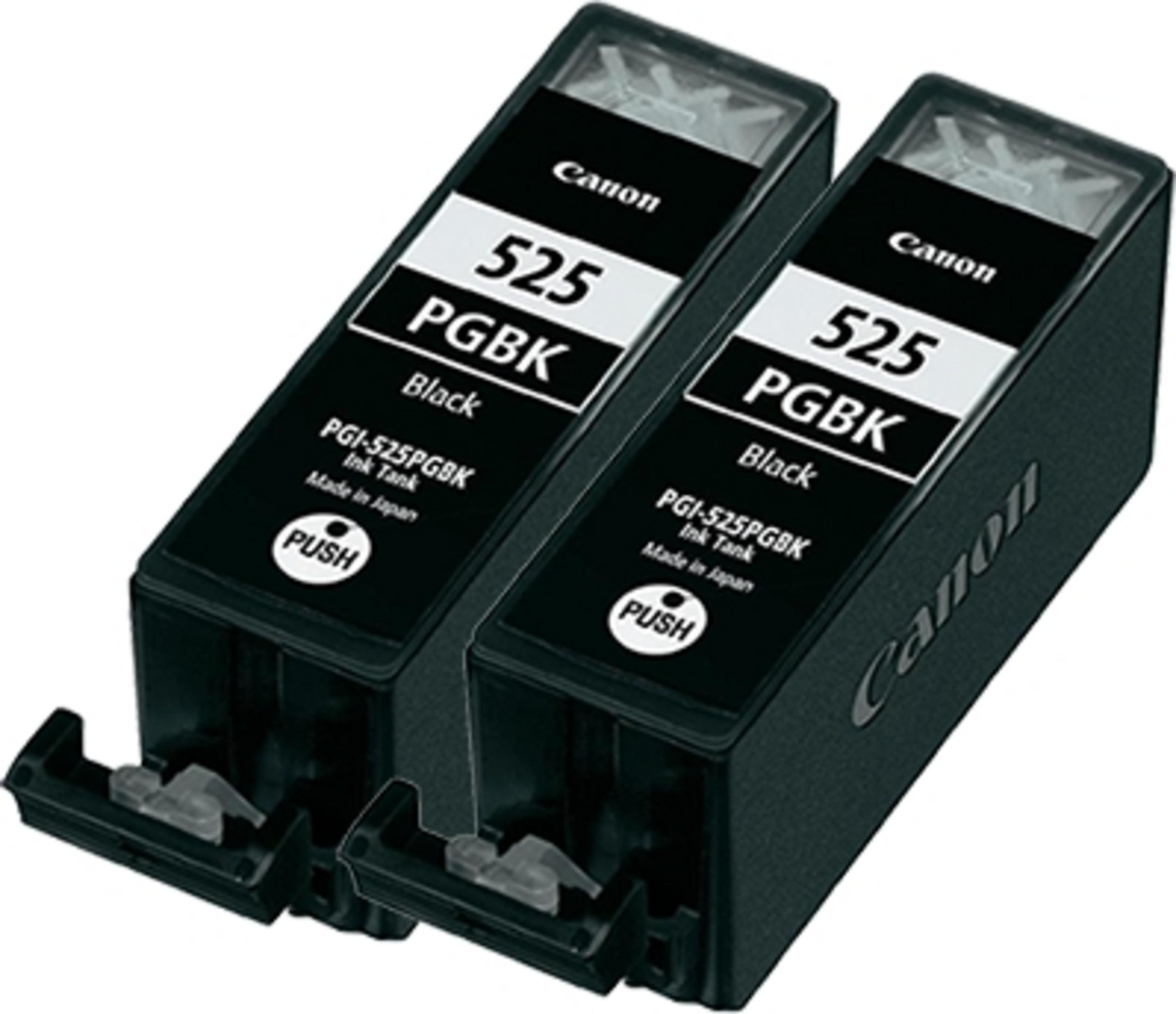 Zwei schwarze Canon Tintenpatronen. Die Patronen liegen nebeneinander.