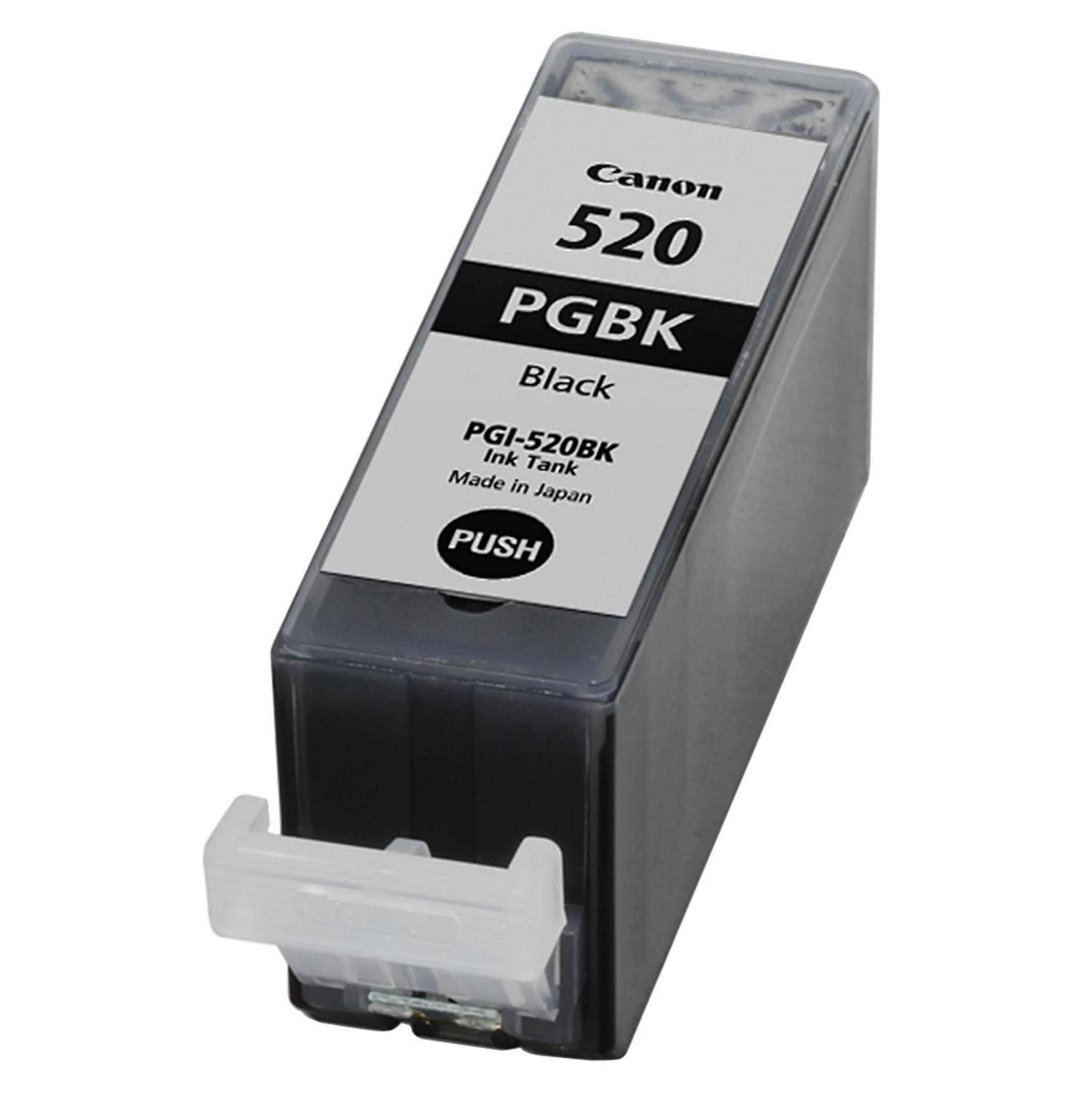 Een zwarte Canon inktcartridge met tekst en een witte ontgrendelingstip.