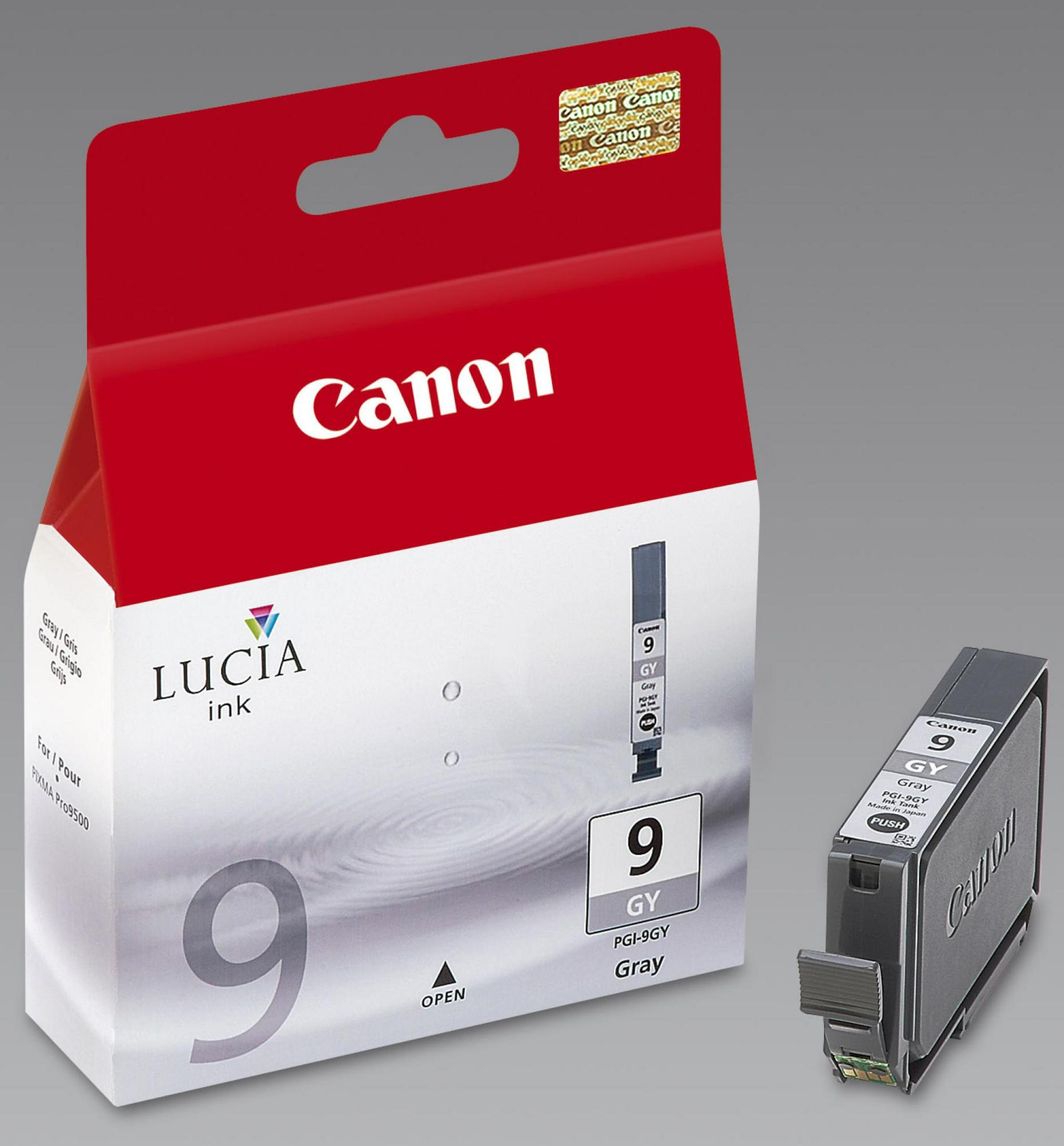 Canon Lucia inktcartridge. Grijze inktcartridge en verpakking. Witte en rode verpakking.