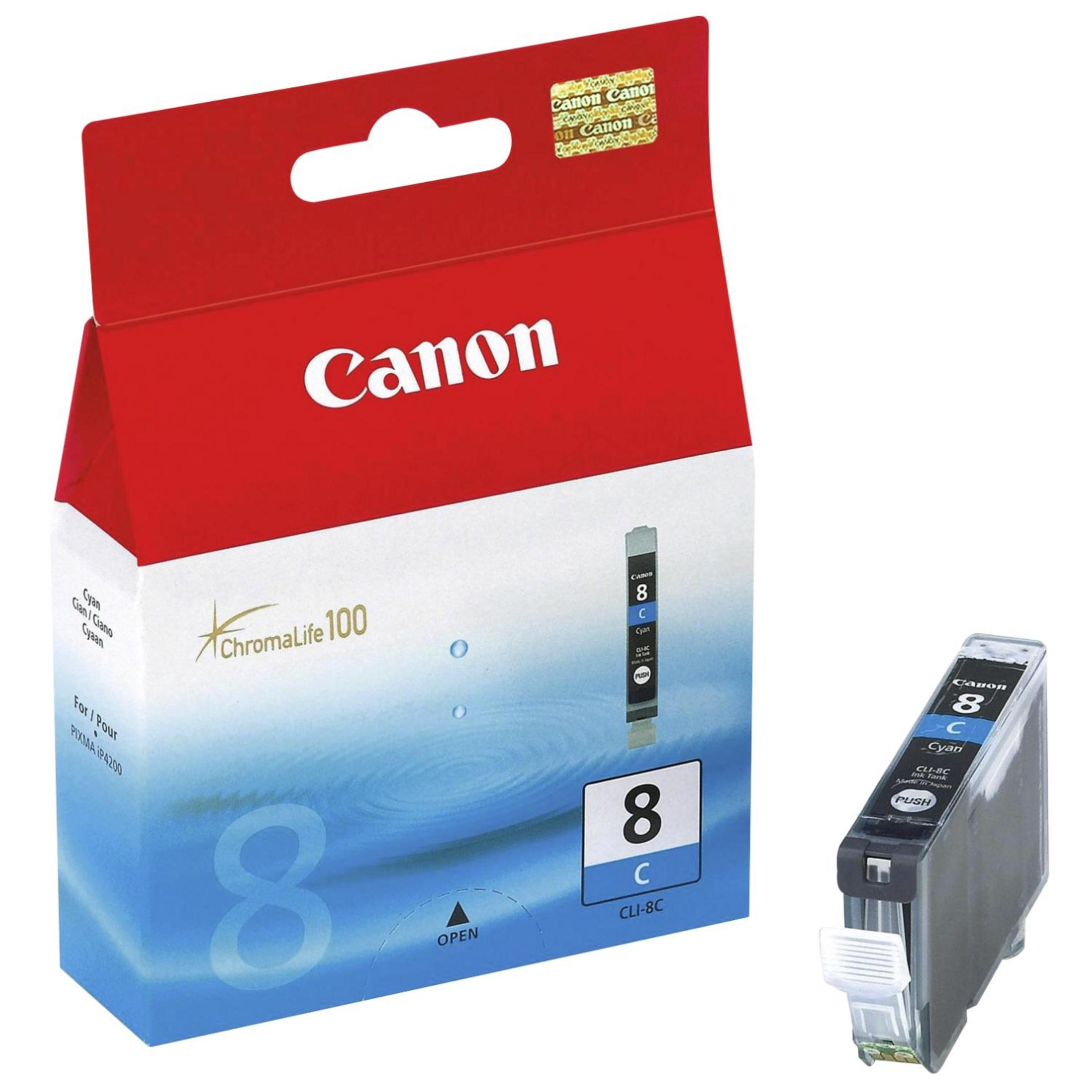 Boîte et cartouche d'encre Canon. La boîte est rouge et blanche avec le logo Canon.
