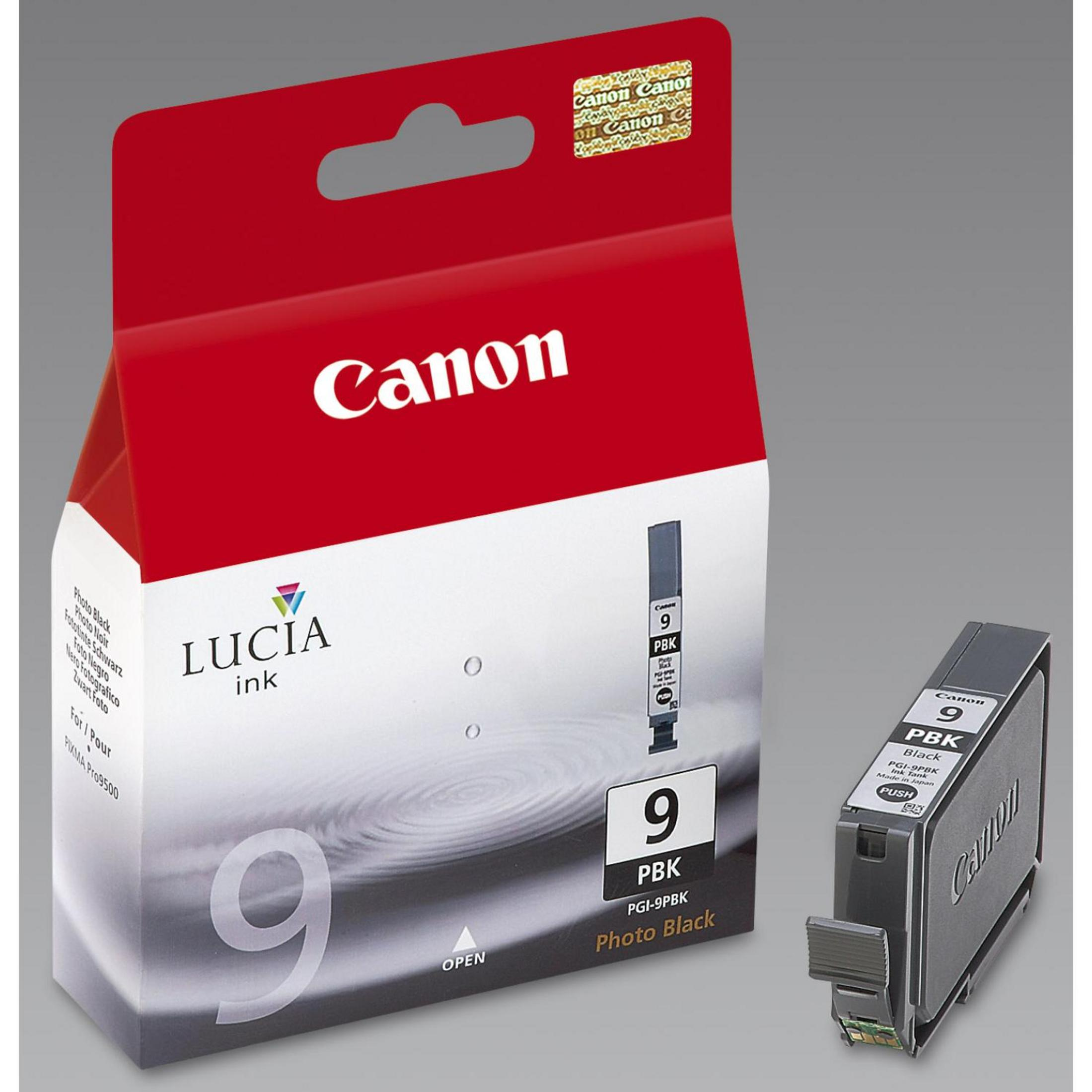 Canon Tintenpatronenverpackung. Eine rot-weiße Box mit einer schwarzen Tintenpatrone daneben.