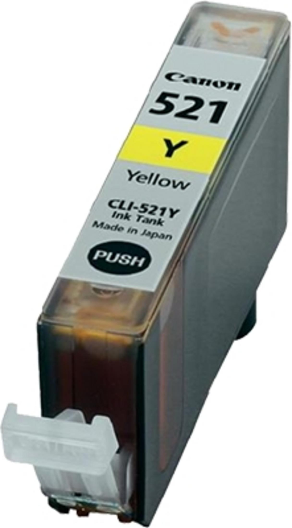Canon 521Y ink cartridge. Yellow ink. Black cartridge with a clear plastic pull tab. Made in Japan.