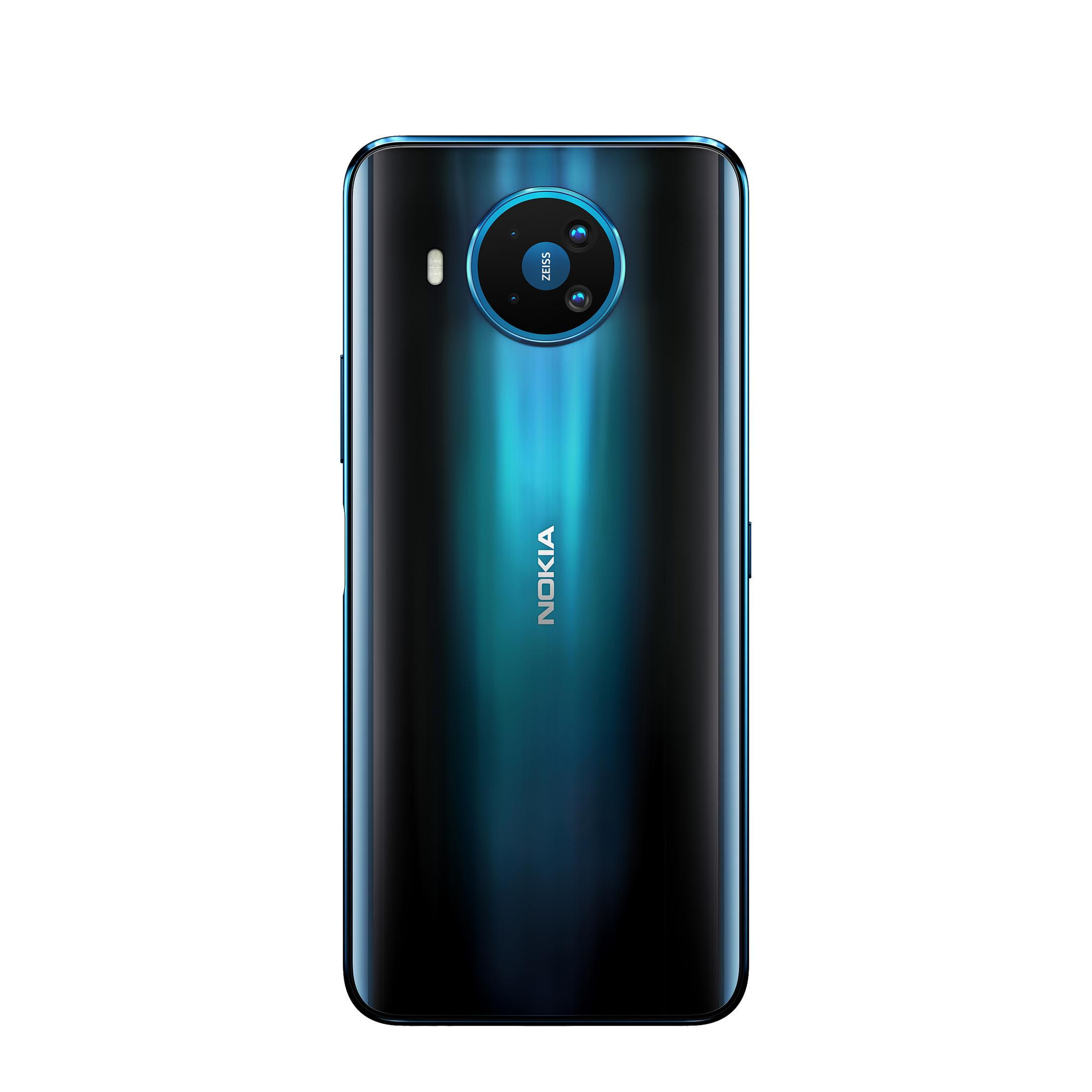Rückansicht des Nokia-Telefons, teal-Farbe mit Kamera und dem Wort 'Nokia'.