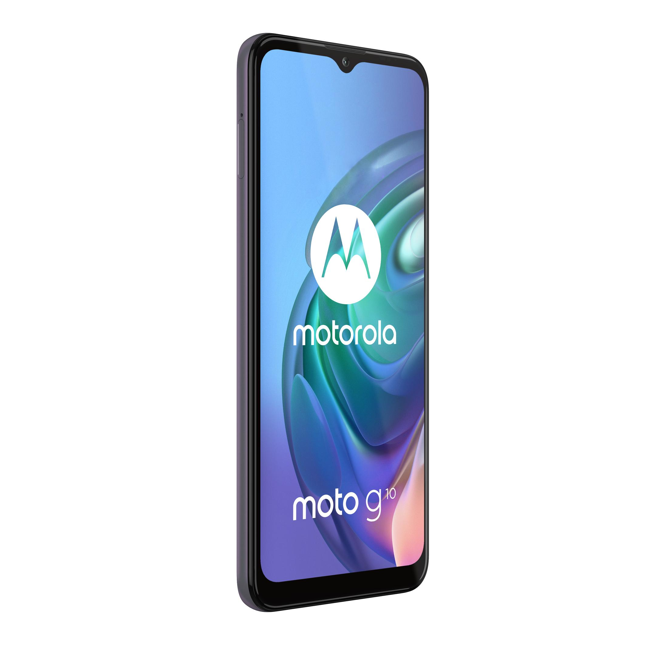 Motorola Moto G10 Telefon, schräge Ansicht. Der Bildschirm zeigt das Motorola-Logo und den Text 'moto g10'.
