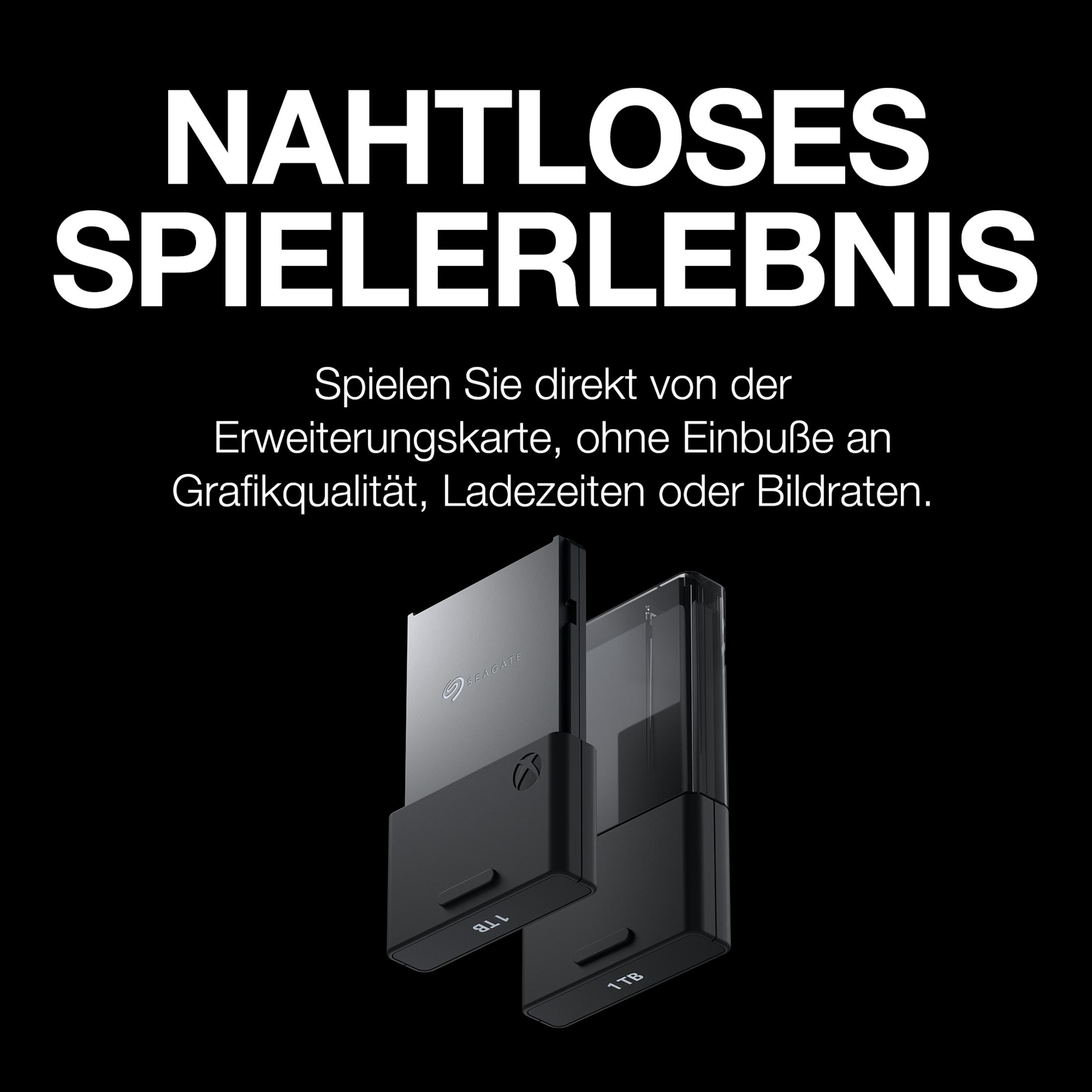 Czarne urządzenia pamięci masowej Xbox z tekstem 'NAHTLOSES SPIELERLEBNIS' na czarnym tle.