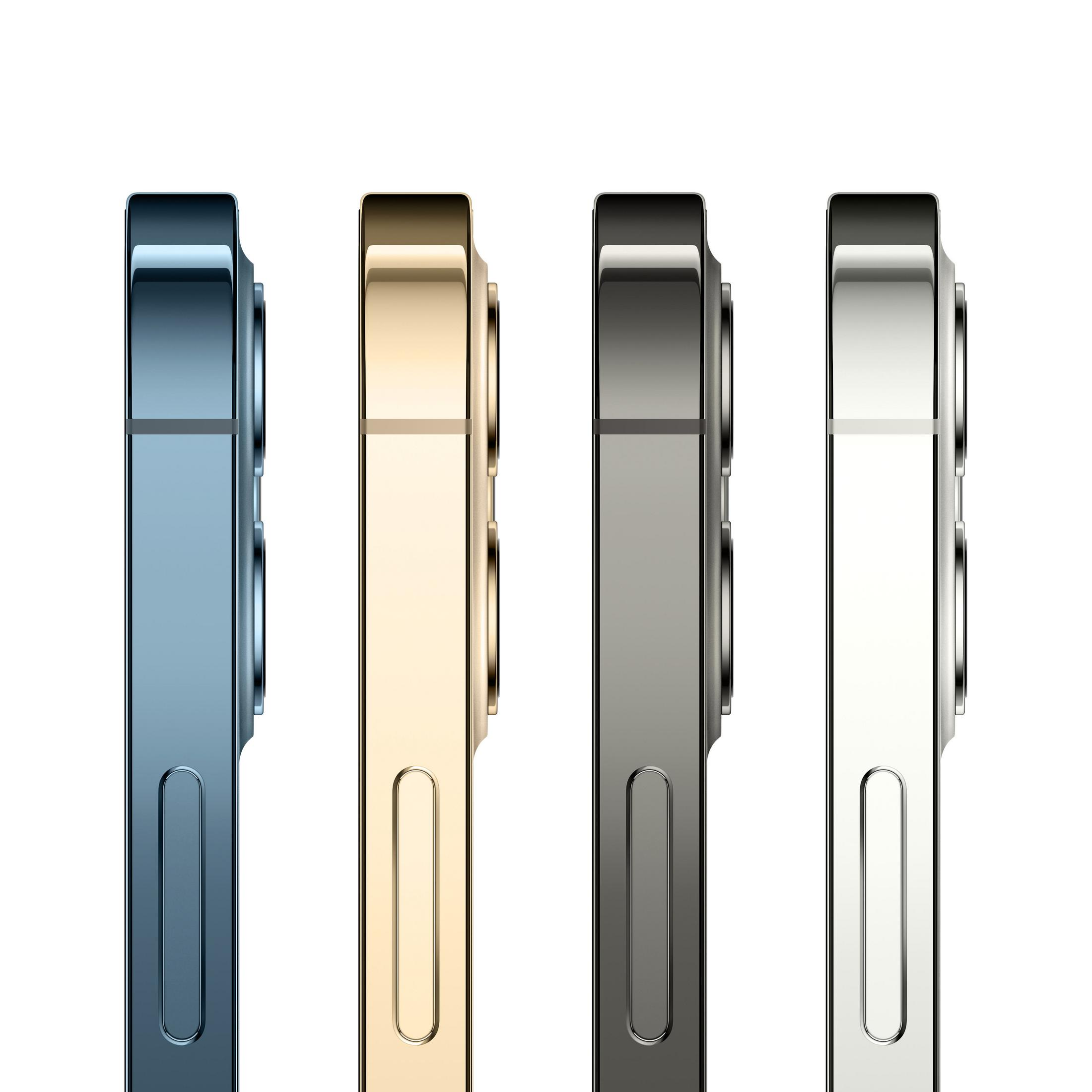 Cztery boki iPhone'a. Kolory niebieski, złoty, szary i biały. Przyciski są widoczne. Białe tło.