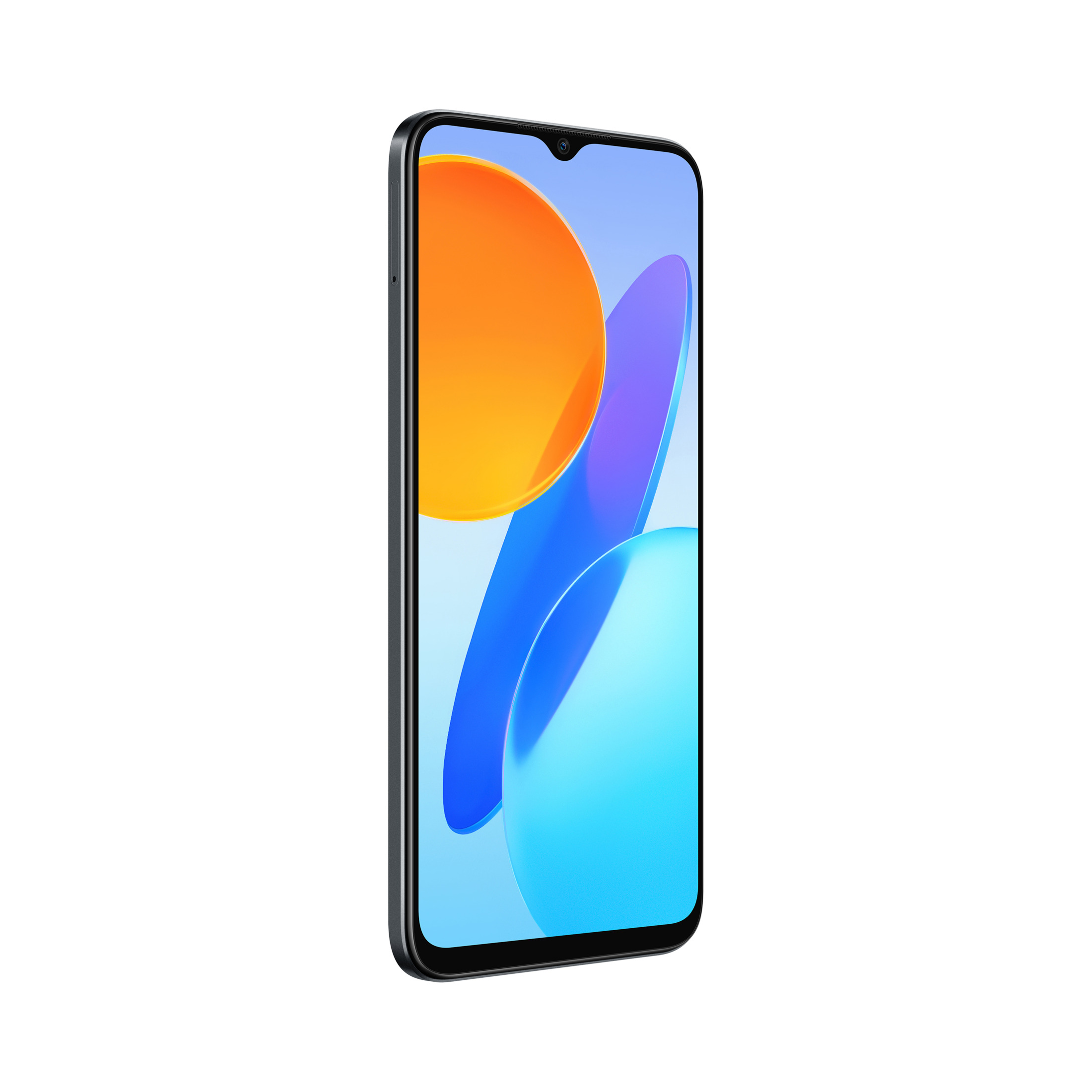 Telefon z czarną ramką i ekranem wyświetlającym niebieskie, pomarańczowe i fioletowe abstrakcyjne kształty.