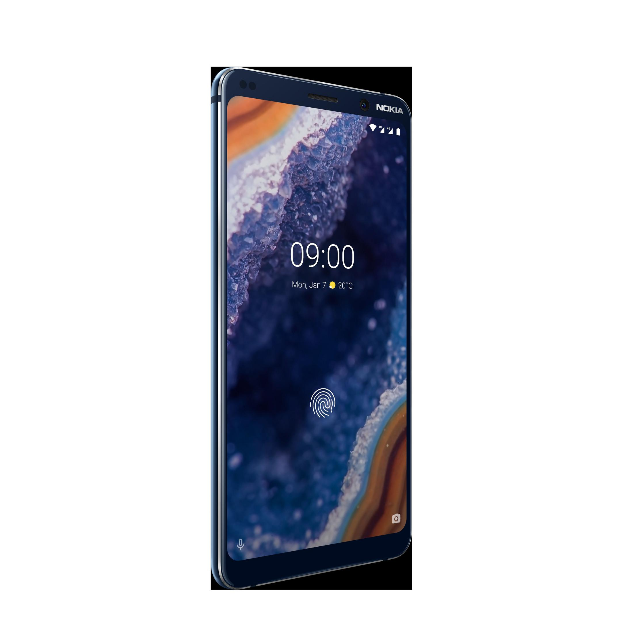 Dunkelblaues Smartphone, schwarzer Bildschirm mit Uhrzeit und Fingerabdrucksymbol.