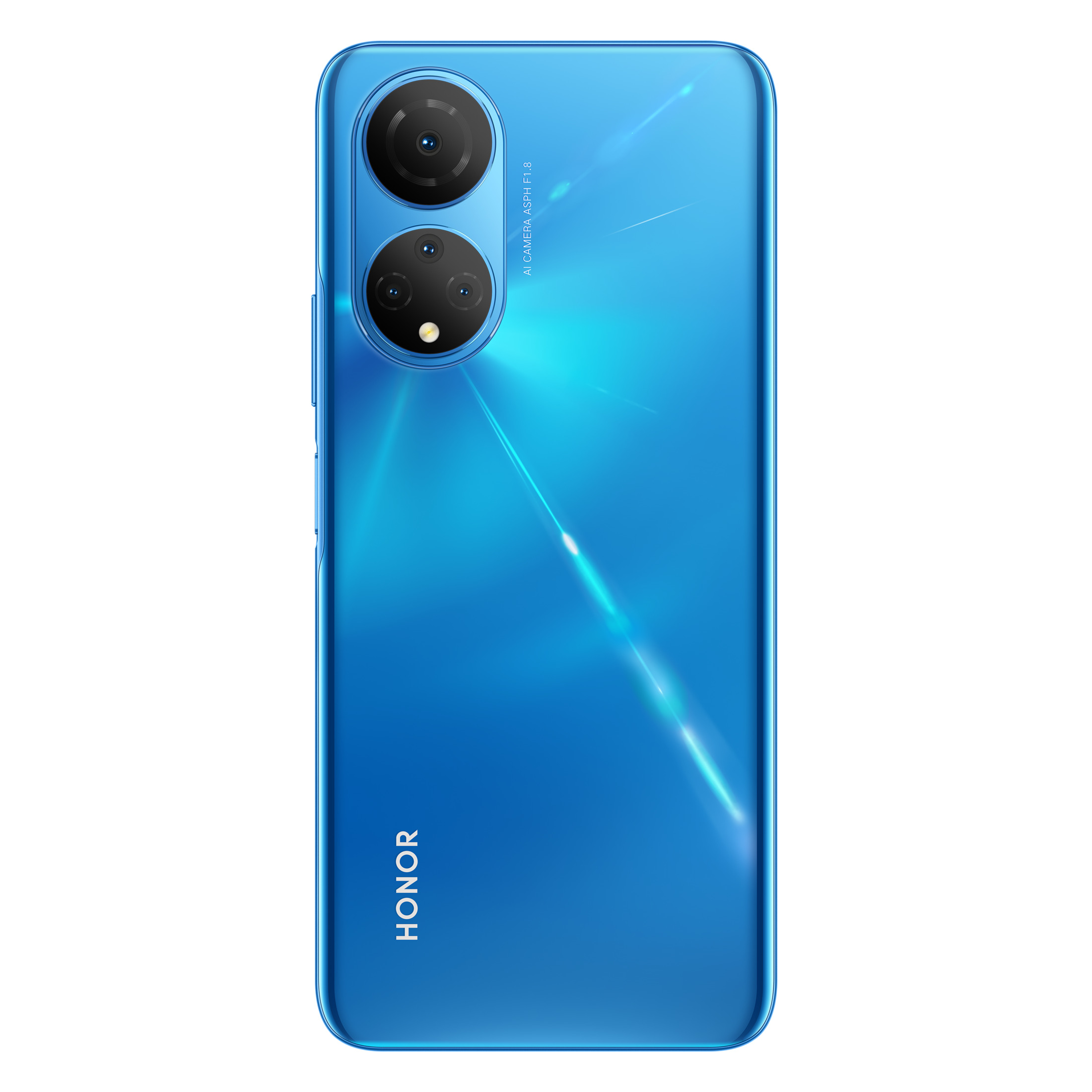 Smartphone azul con cámaras duales en la parte trasera.