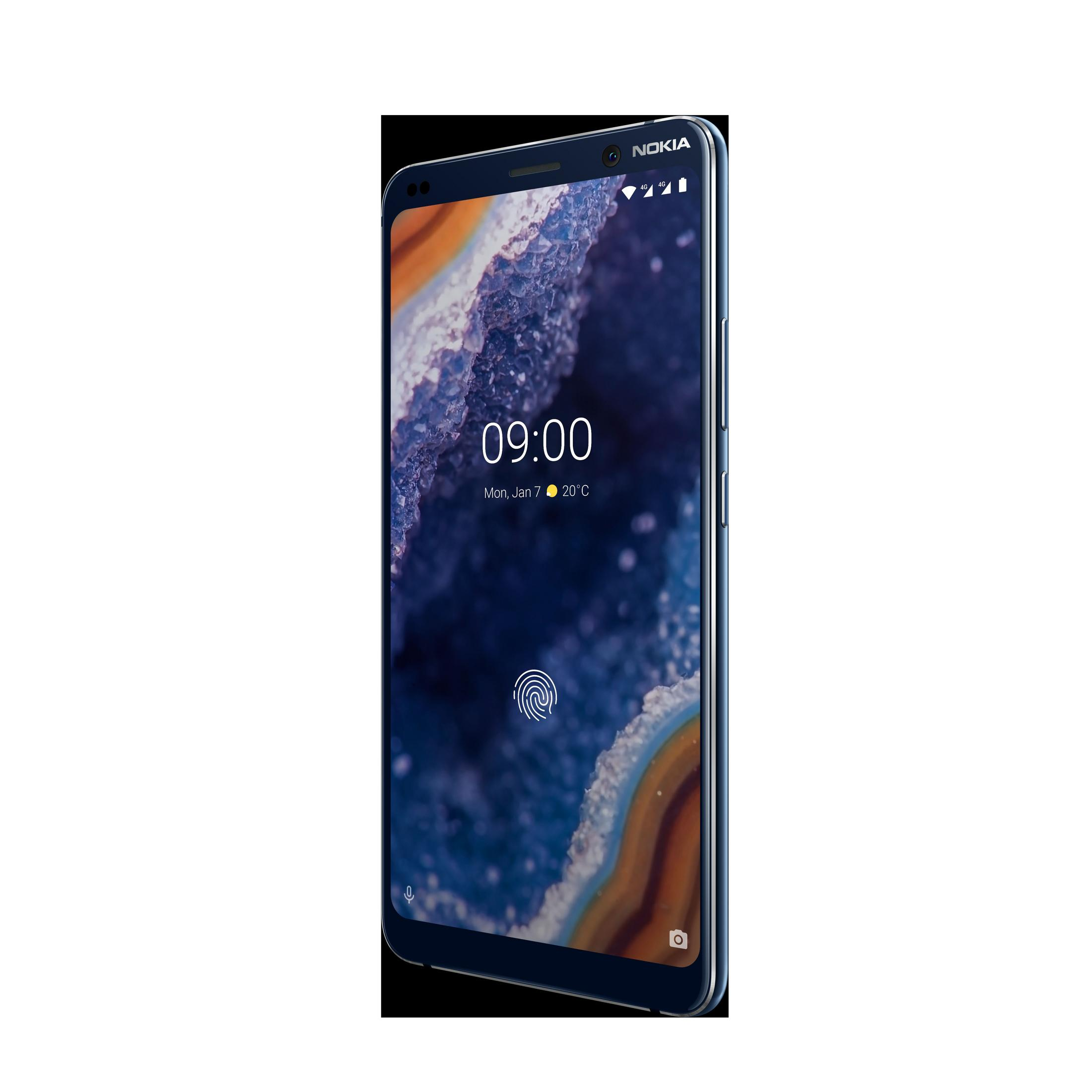 Nokia-Smartphone, dunkelblau, schräge Ansicht. Zeigt Zeit und Fingerabdrucksensor-Symbol.