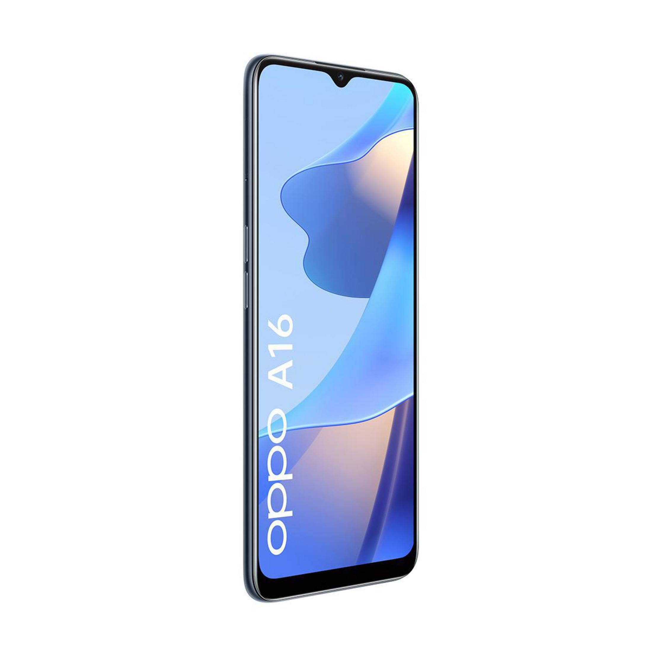 Smartfon Oppo A16. Niebieski tył z ekranem pokazującym niebiesko-białą grafikę.