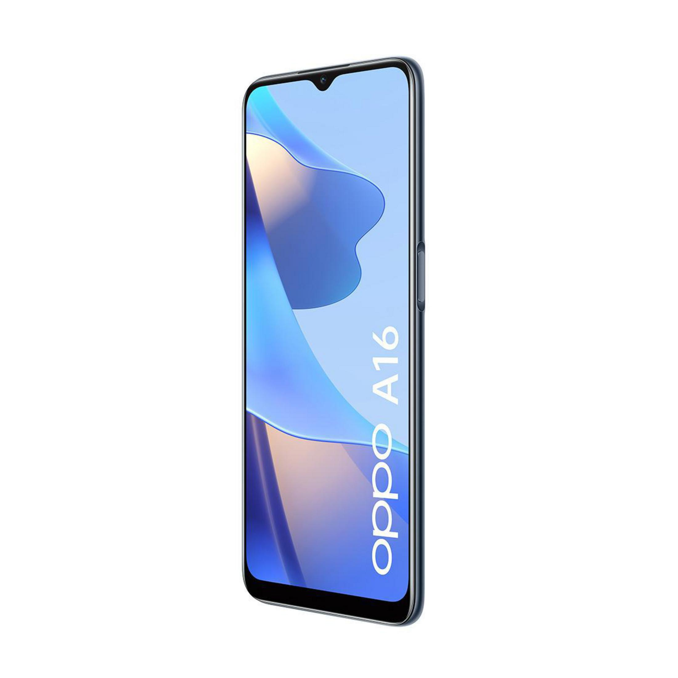 Telefon Oppo A16 w kolorze niebieskim. Telefon wyświetlany na białym tle. Ekran jest włączony.