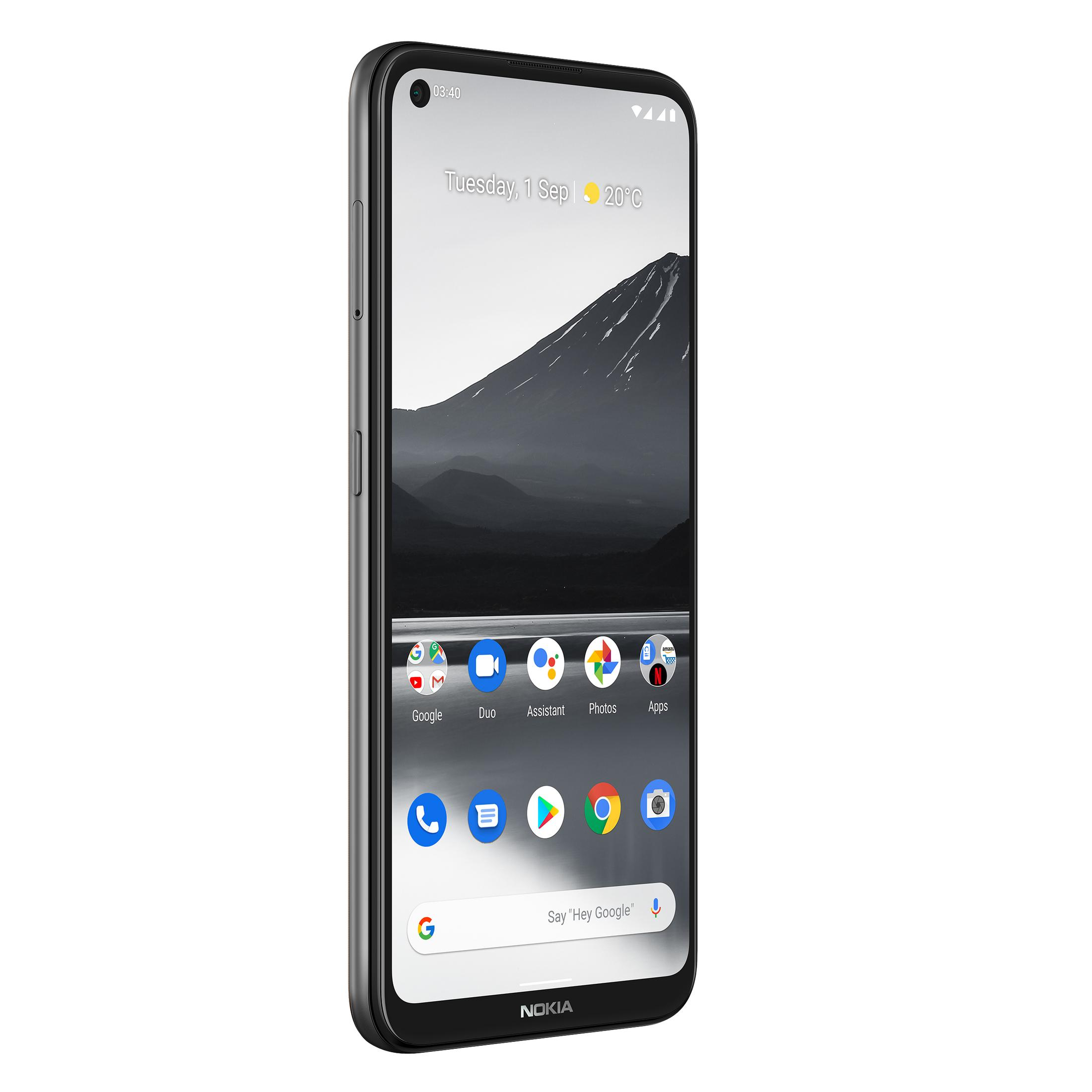 Nokia Smartphone. Schwarzer Rahmen, graue Rückseite. Zeigt eine Berglandschaft auf dem Bildschirm.