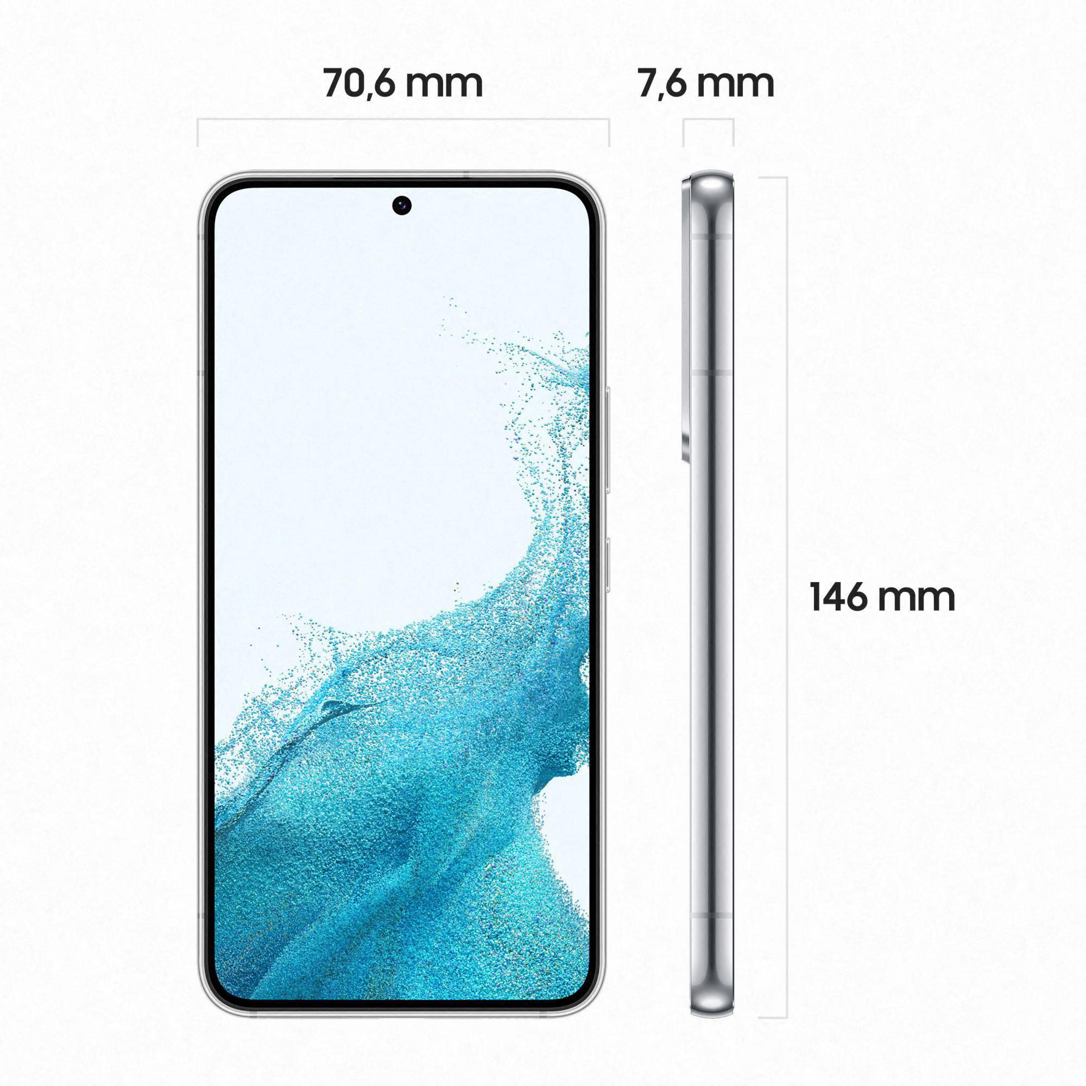 Srebrny smartfon wyświetlający swój ekran na białym tle, z wymiarami.