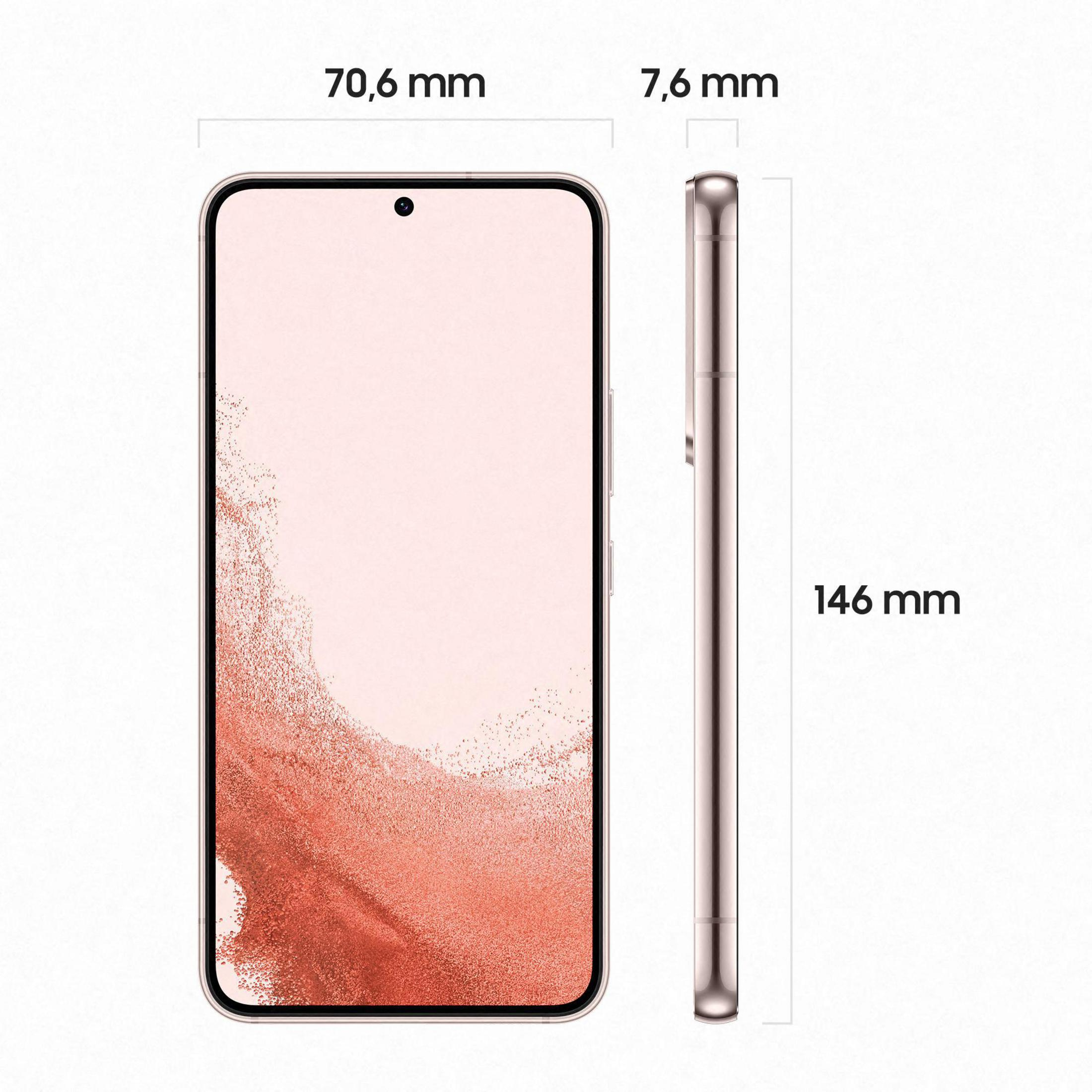 Smartphone met roze scherm, afmetingen 70,6 mm x 146 mm x 7,6 mm. Gouden frame.