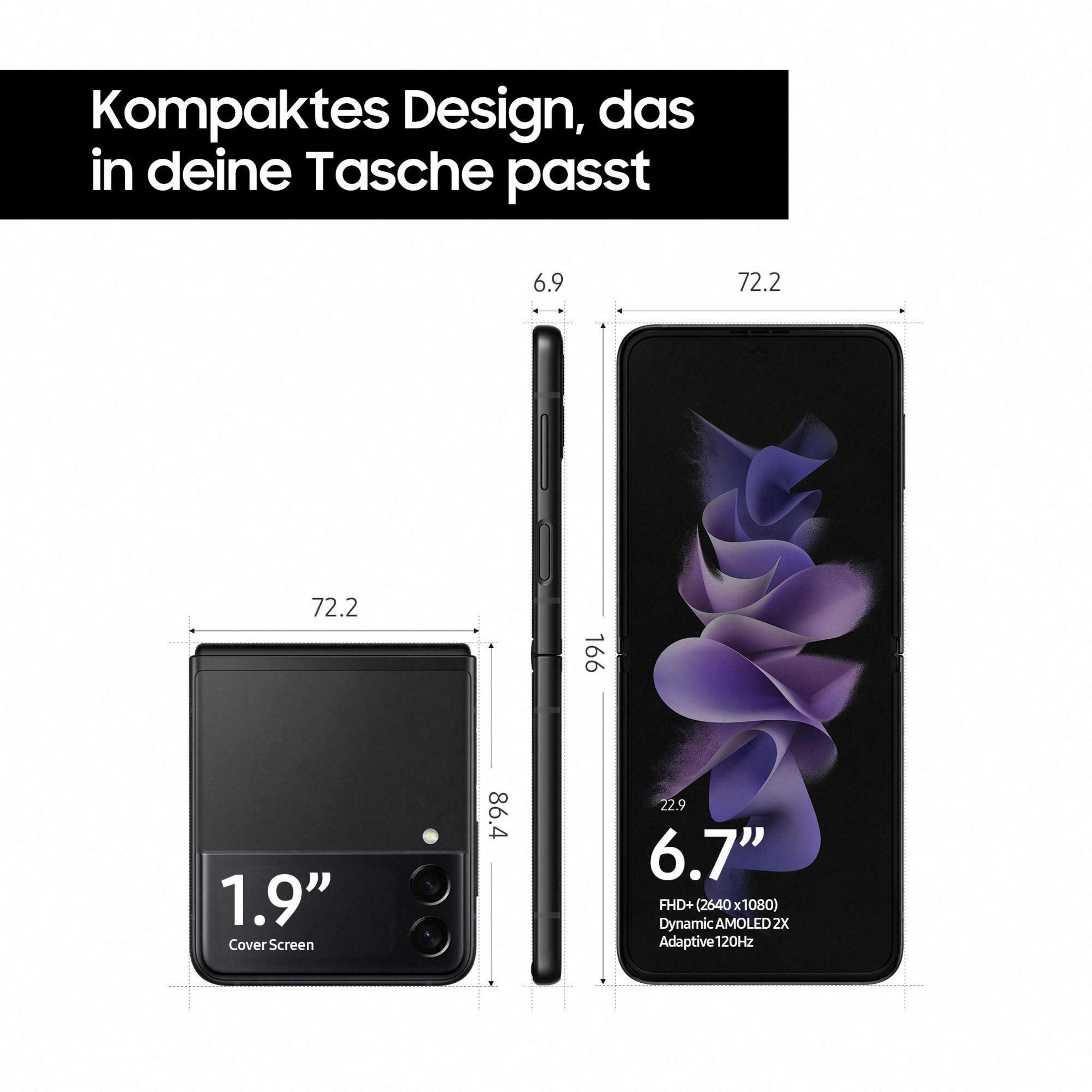 Faltbares Samsung-Telefon mit Abmessungen, schwarz, weißer Hintergrund.