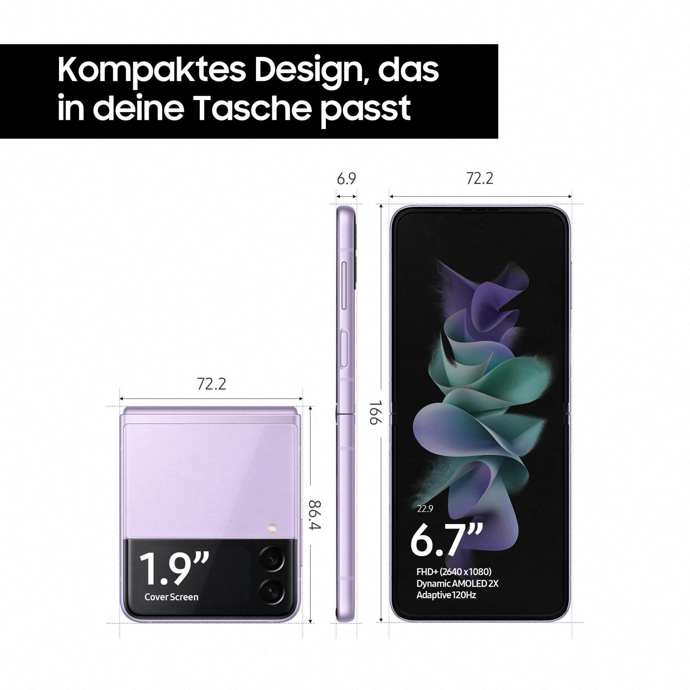 Składany fioletowy telefon, trzy widoki, z wymiarami i tekstem: Kompaktowa konstrukcja.