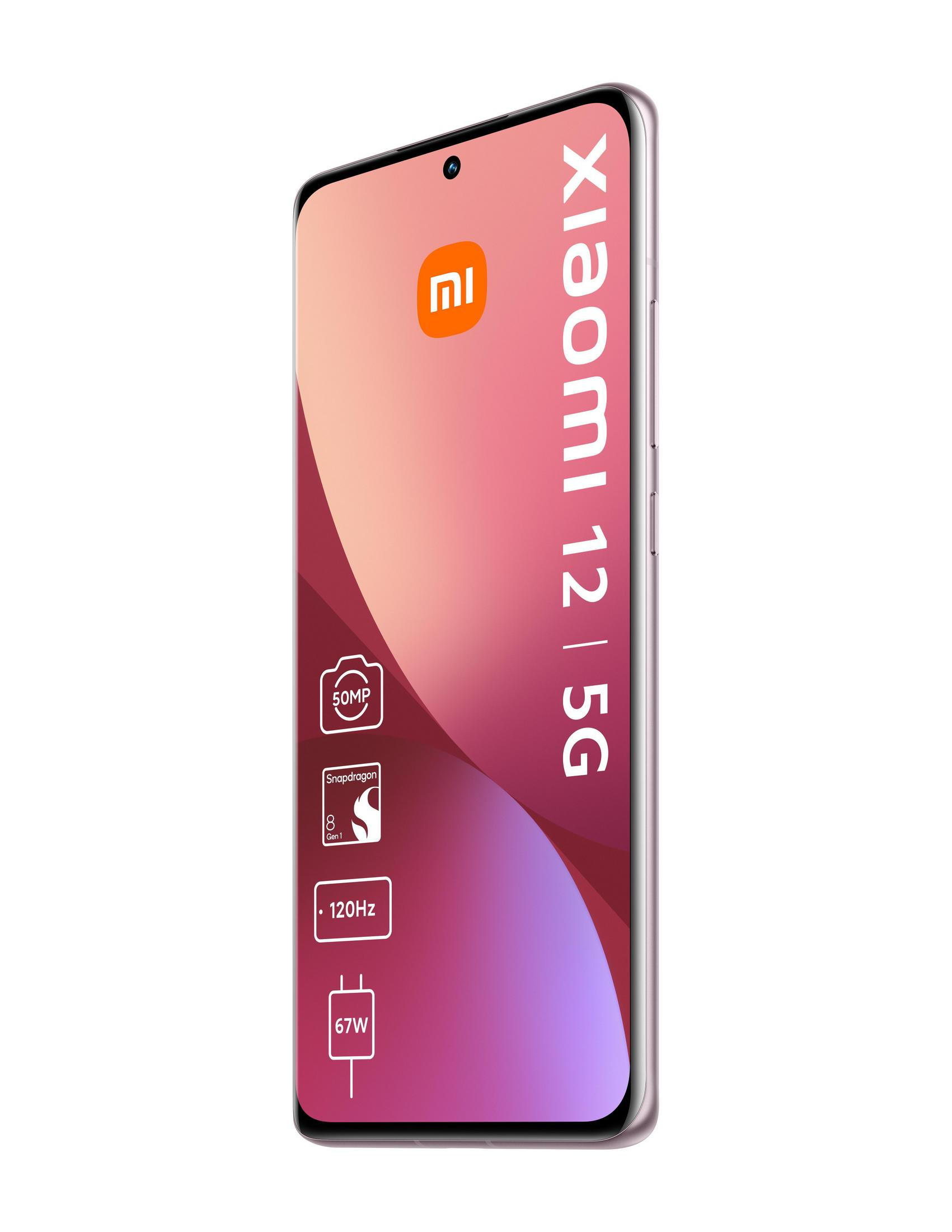 Smartfon Xiaomi 12 5G, kolor różowy, z różnymi ikonami z boku.