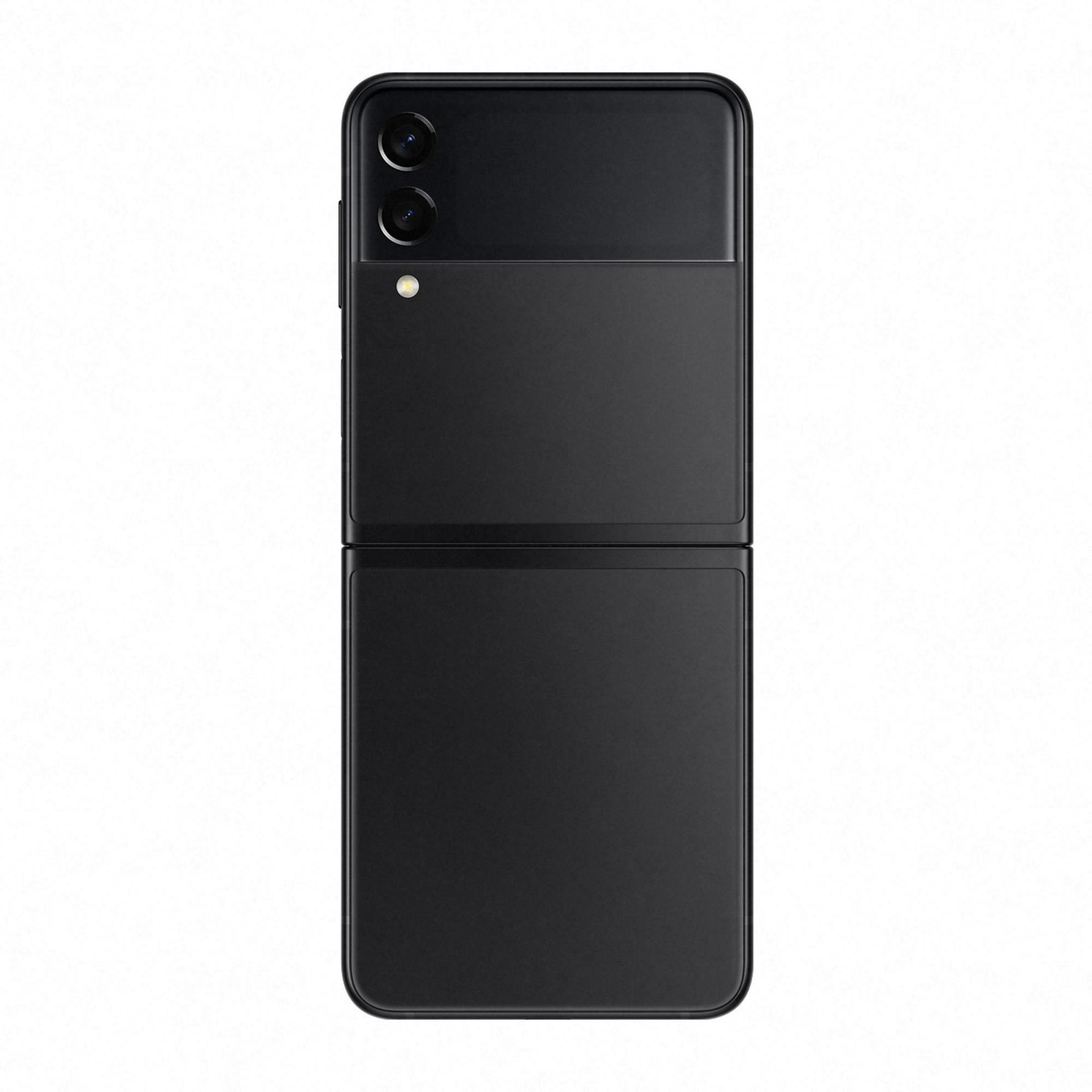 Faltbares schwarzes Smartphone, geschlossen. Zwei Rückkameras und ein Blitz sind sichtbar.