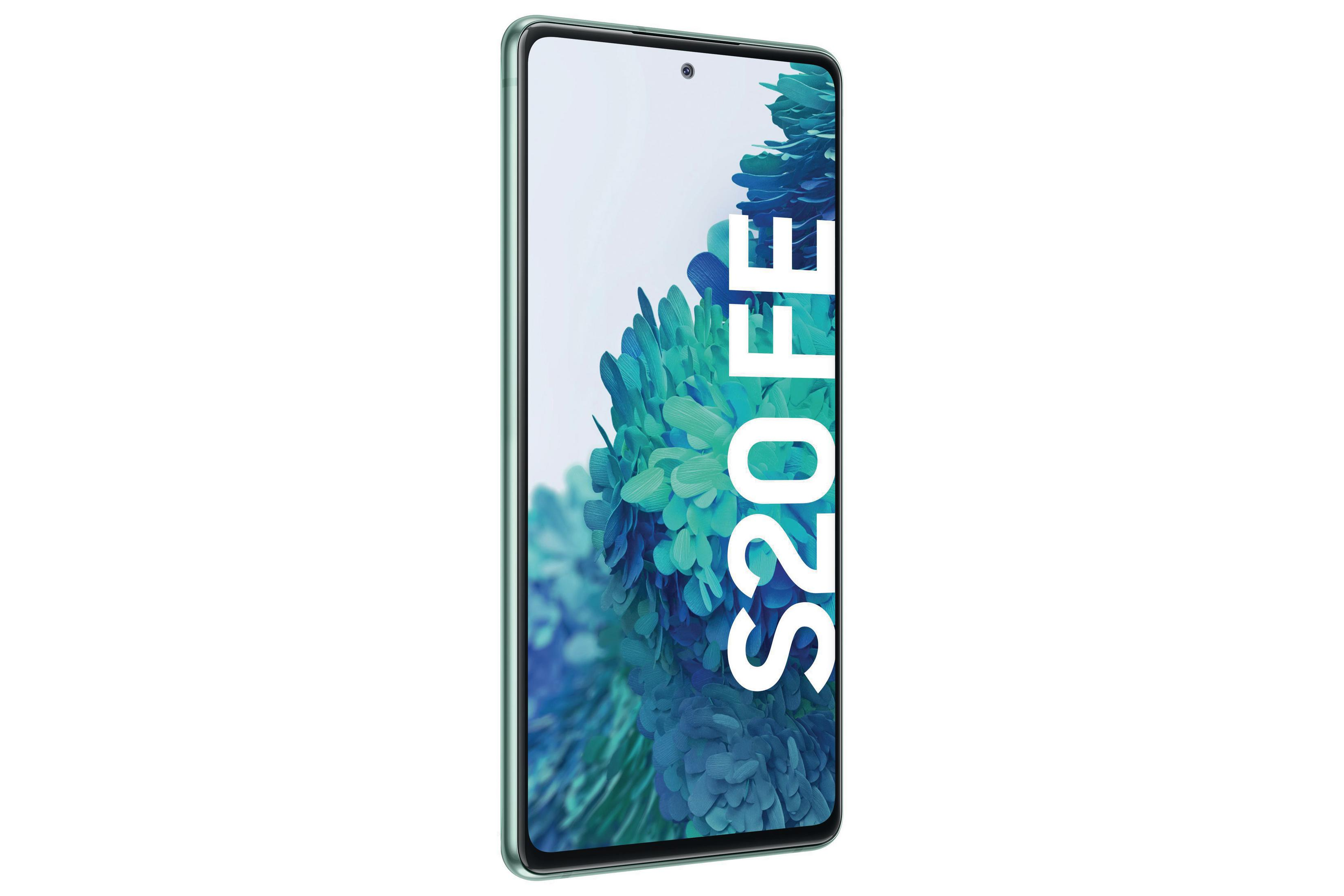 Grünes Smartphone mit den Worten 'S20 FE' auf einem weißen Bildschirm.