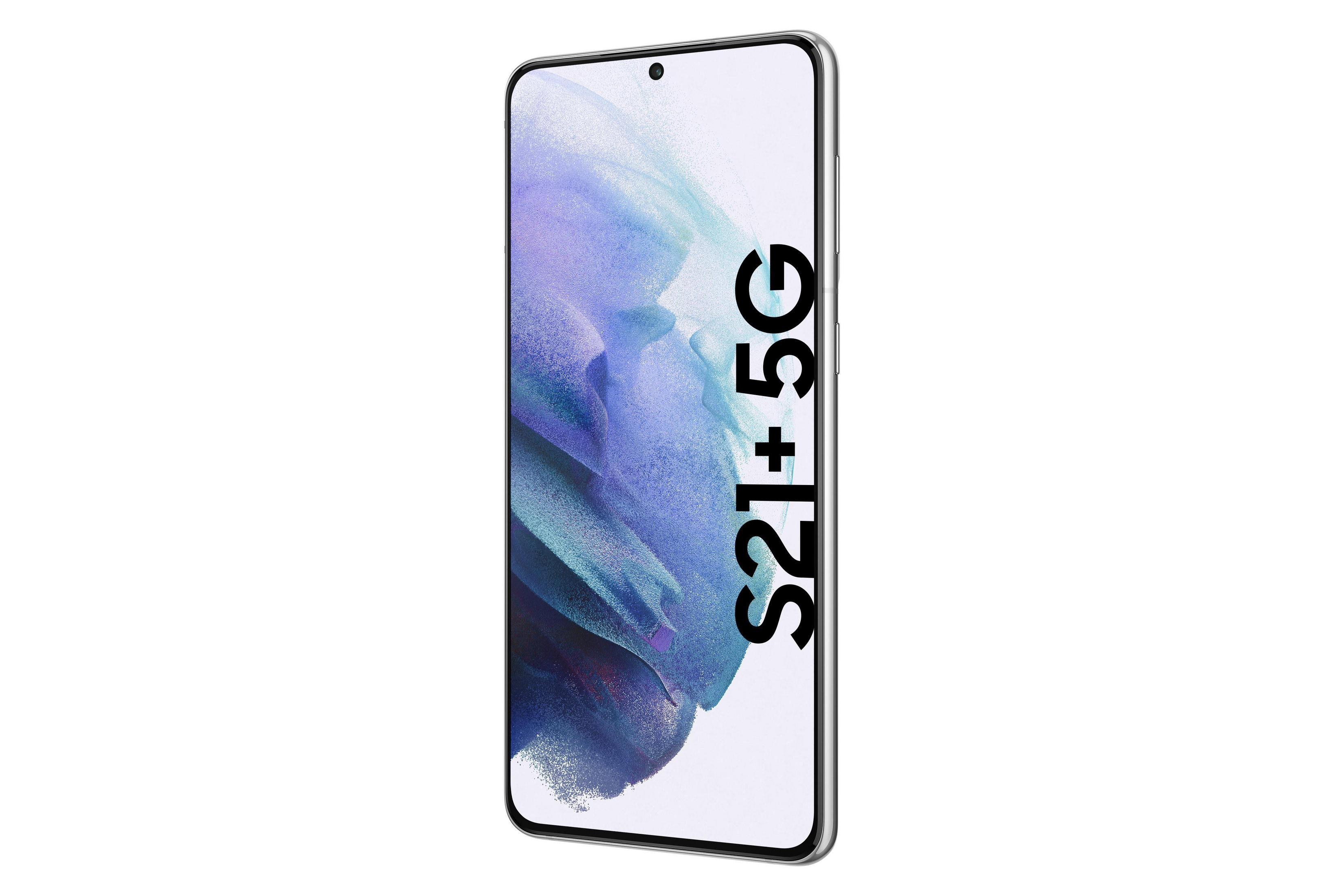 Samsung S21+ 5G Smartphone, silberner Rahmen, schwarzer Bildschirm mit Text 'S21+ 5G'.