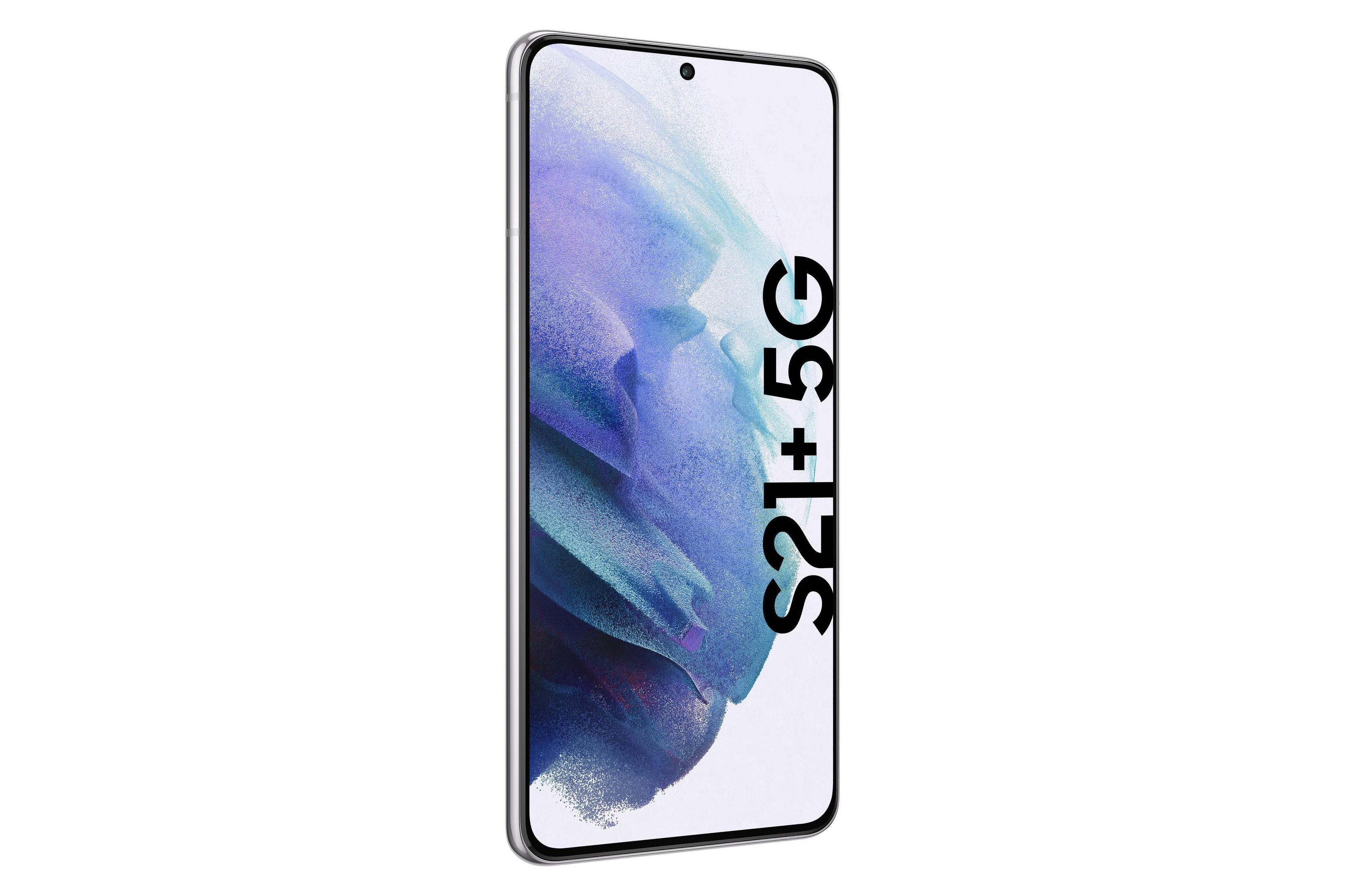Samsung S21+ 5G Smartphone, silberner Rahmen, Text lautet S21+ 5G.