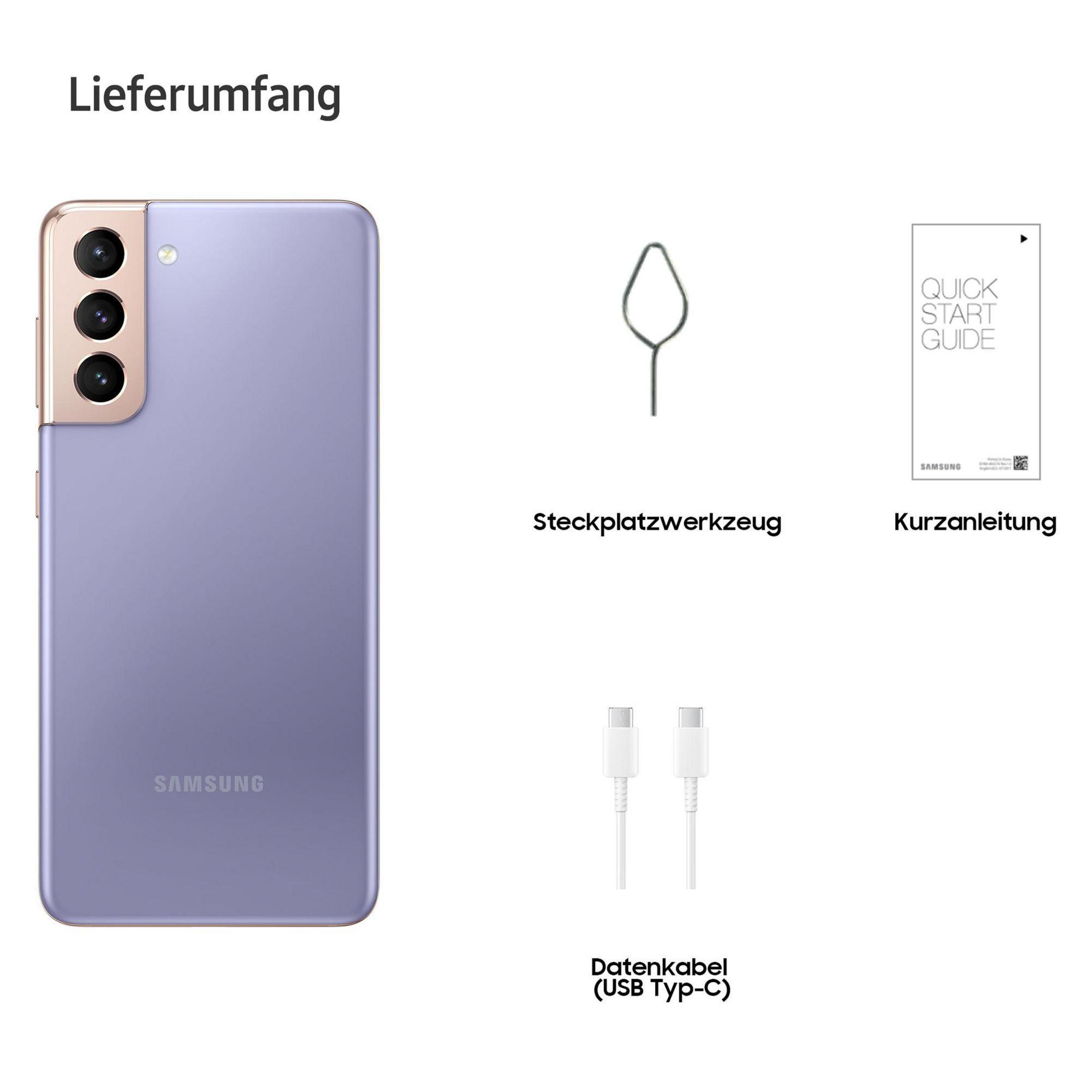 Telefon, ładowarka, narzędzie SIM i instrukcja. Telefon jest fioletowy.