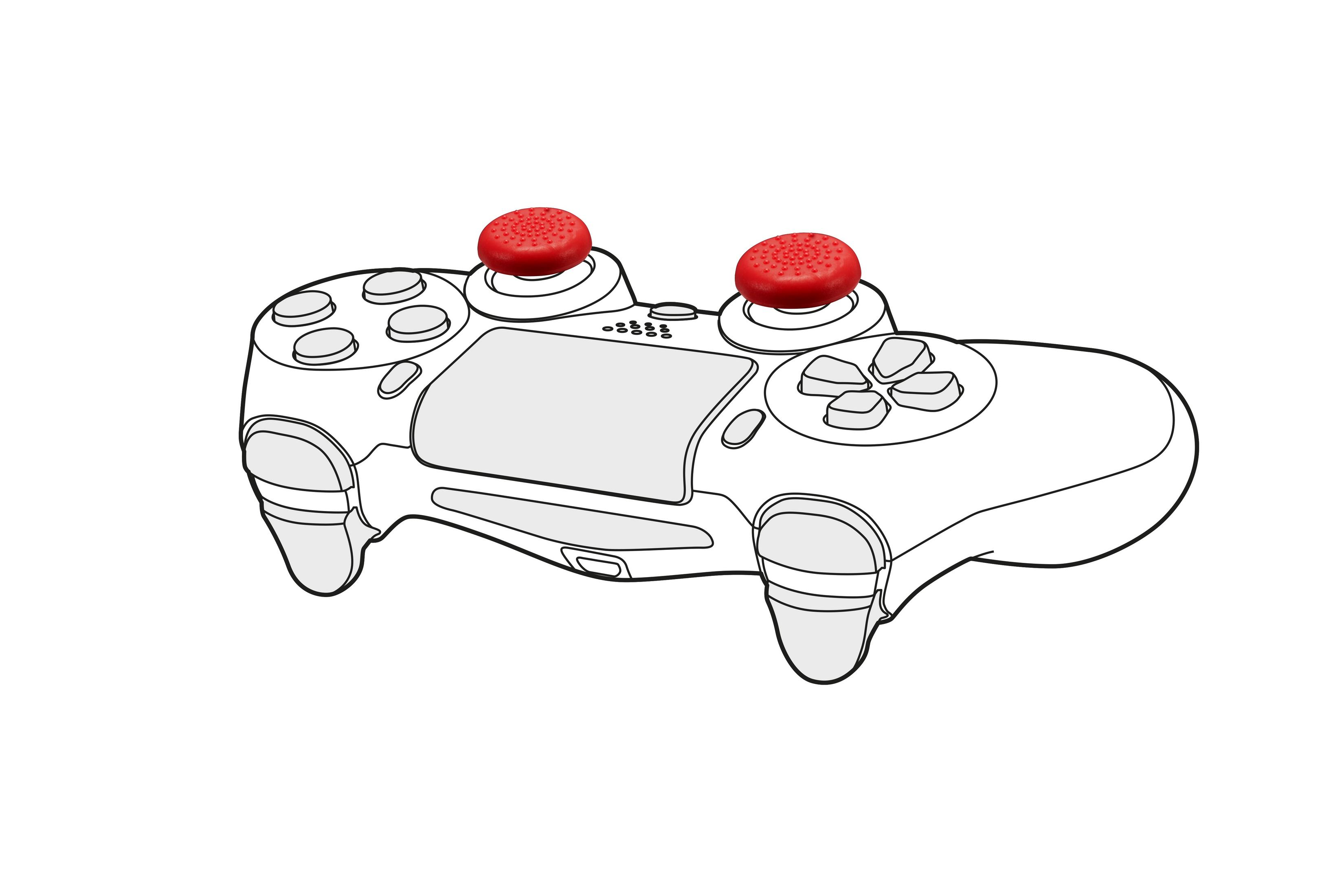 Weiße Strichzeichnung eines Playstation-Controllers mit roten Daumengriffen.