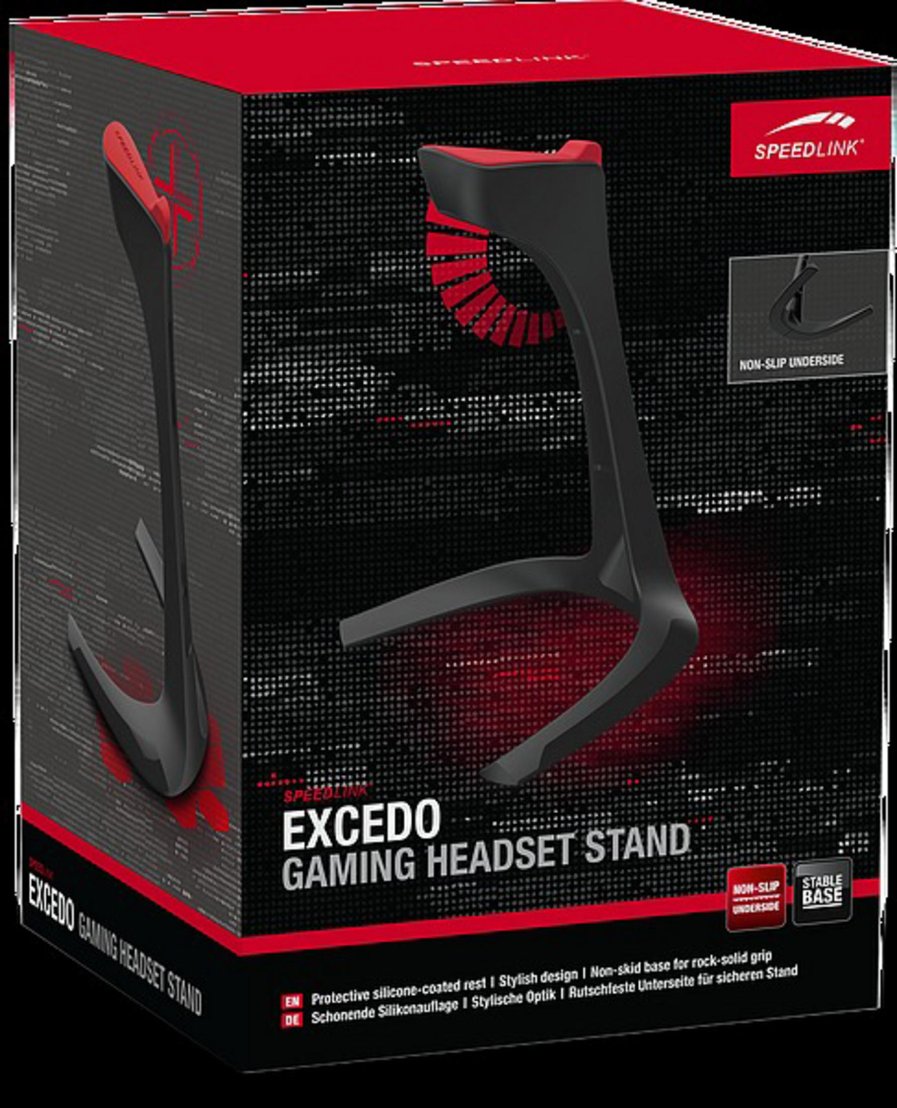Schwarzer und roter Gaming-Headset-Ständer. Text: Excedo Gaming Headset Stand. Rutschfeste Basis.