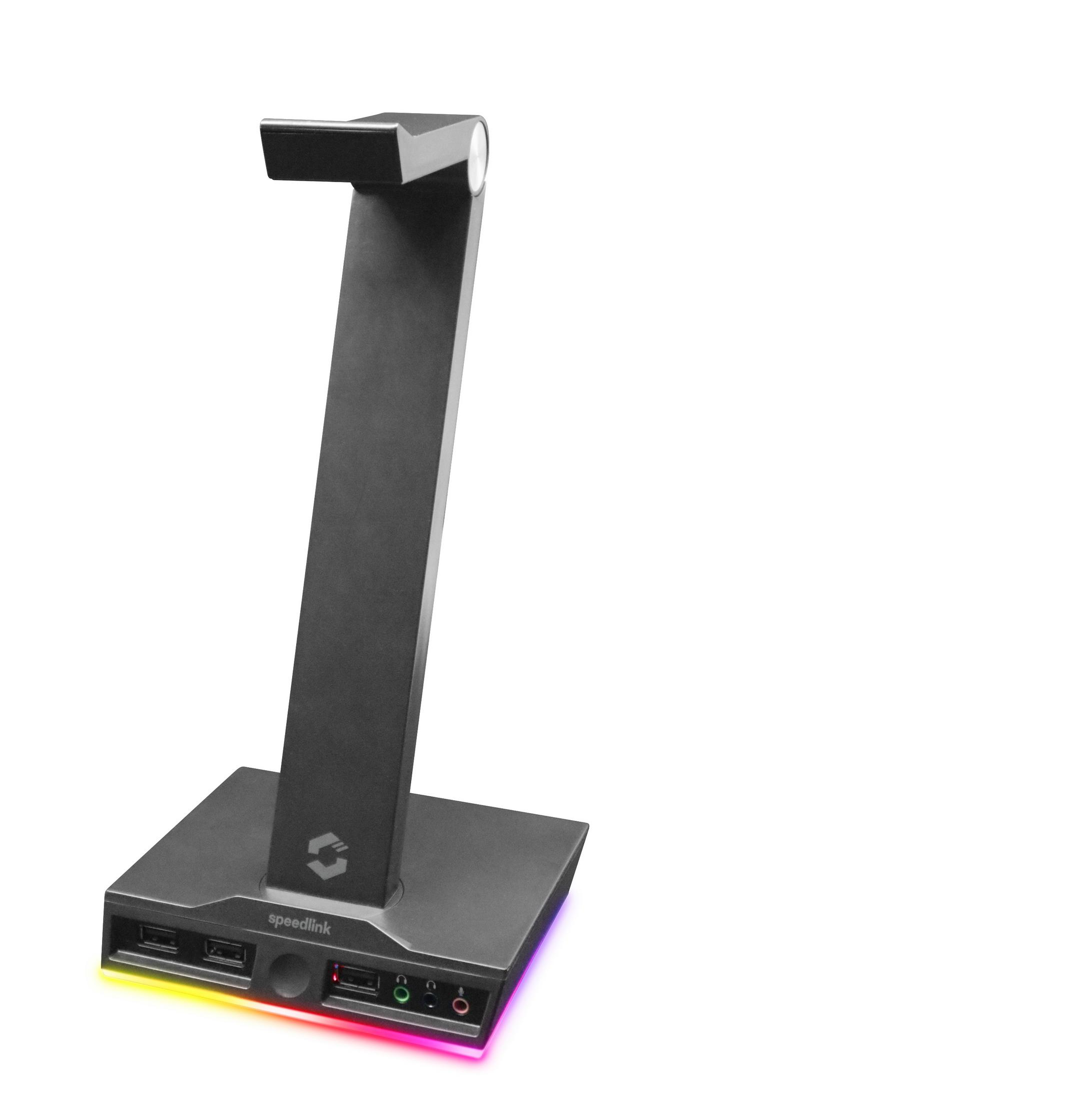 Kopfhörerständer mit Sockel und vertikalem Arm. Verfügt über USB- und Audioanschlüsse. Schwarz.