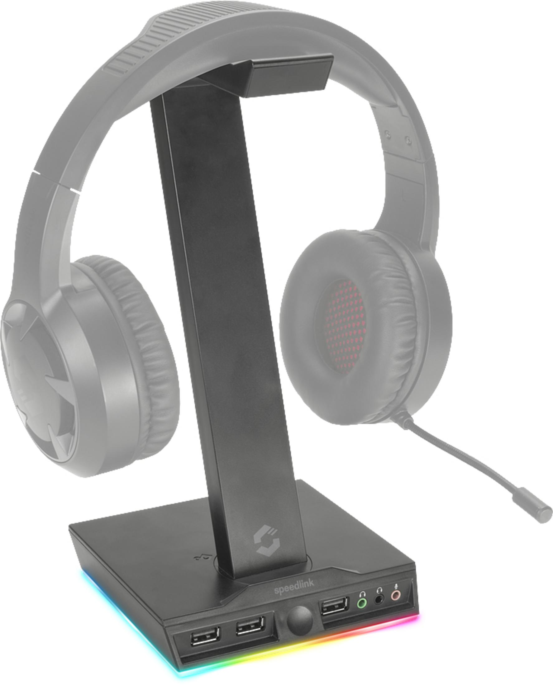 Kopfhörerständer mit Kopfhörern, schwarz. RGB-Beleuchtung an der Basis. Gaming-Ständer.