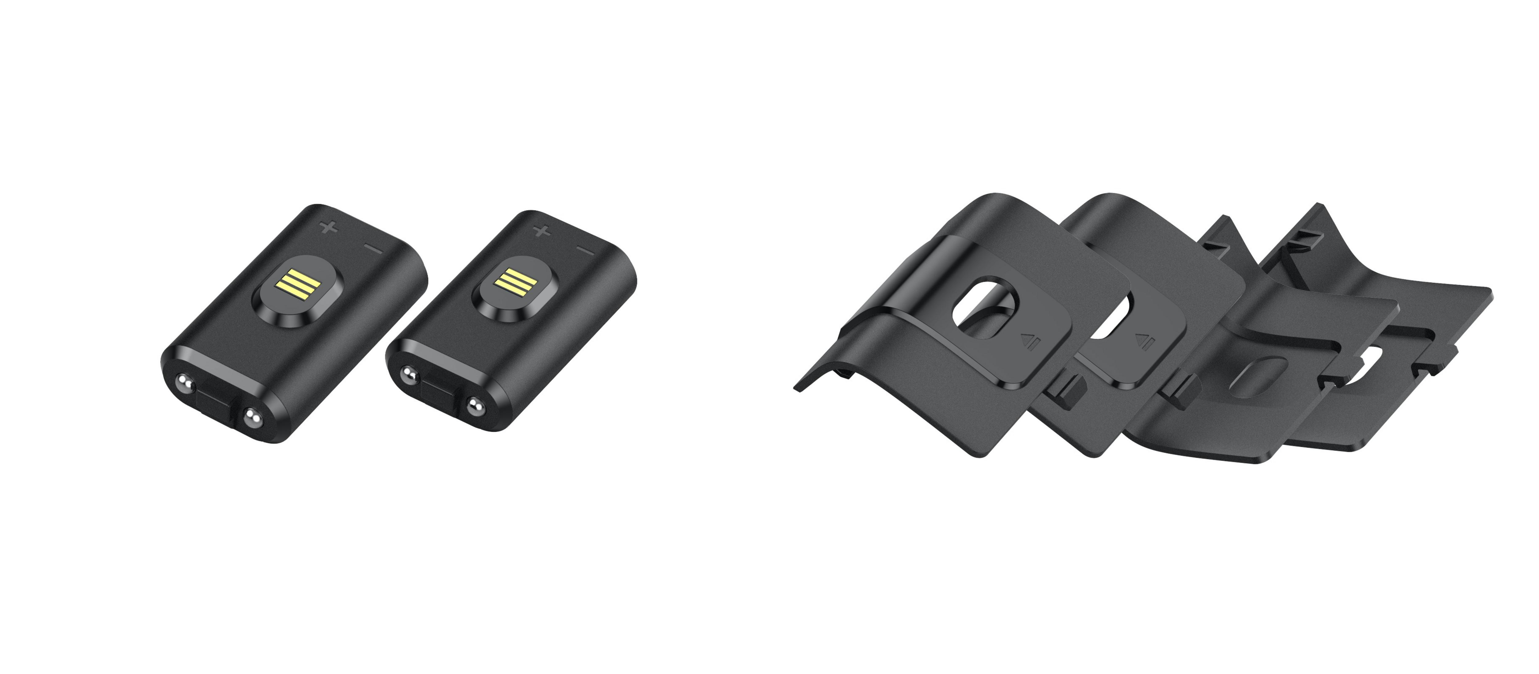 Zwei schwarze Batterien und Batterieabdeckungen.