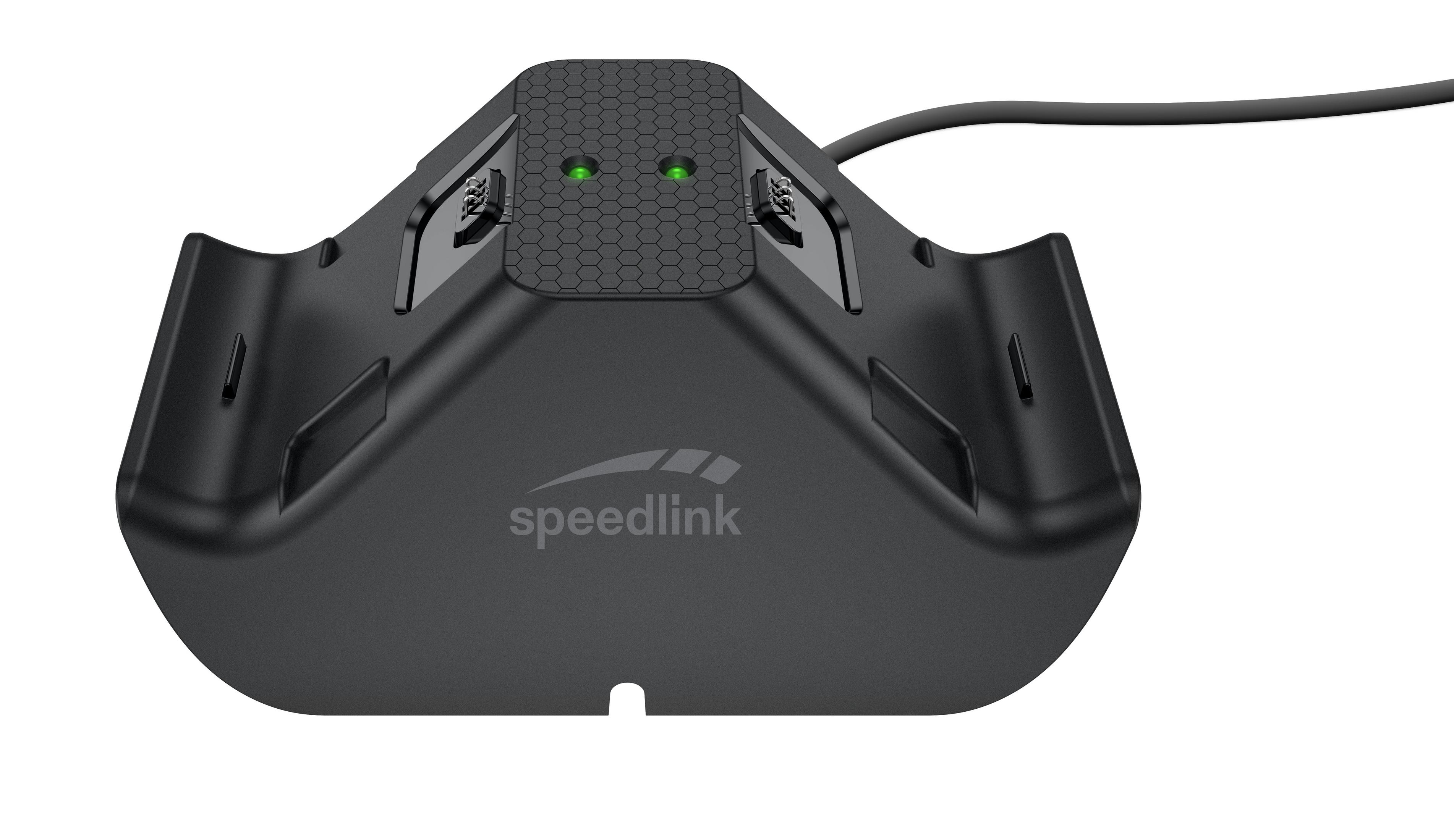Schwarzes, abgewinkeltes Speedlink-Gerät mit grünen Lichtern. Es ist eine Ladestation für Gamecontroller.