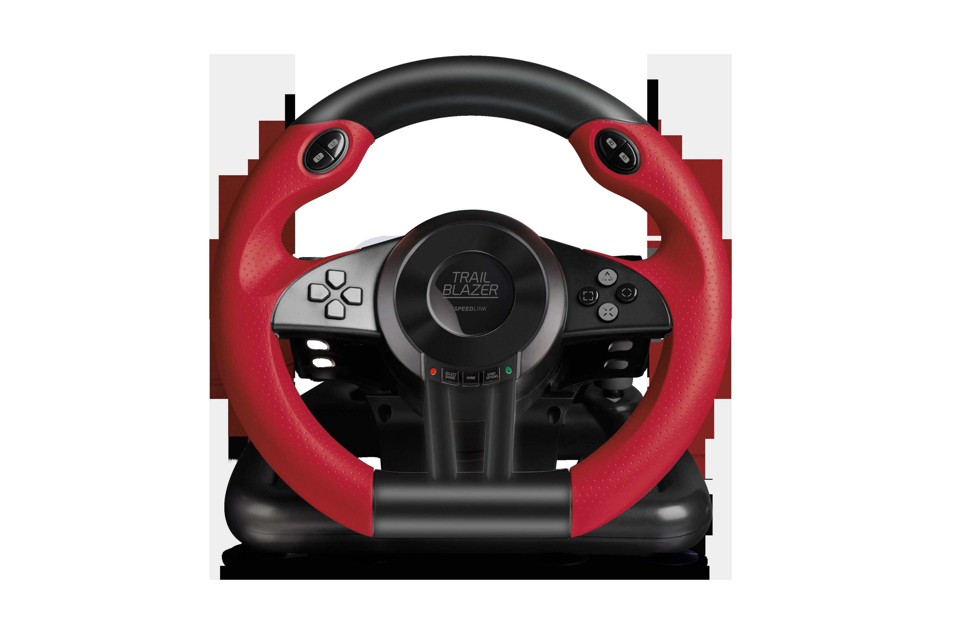 A red and black steering wheel for a game console. It has buttons and a dial.