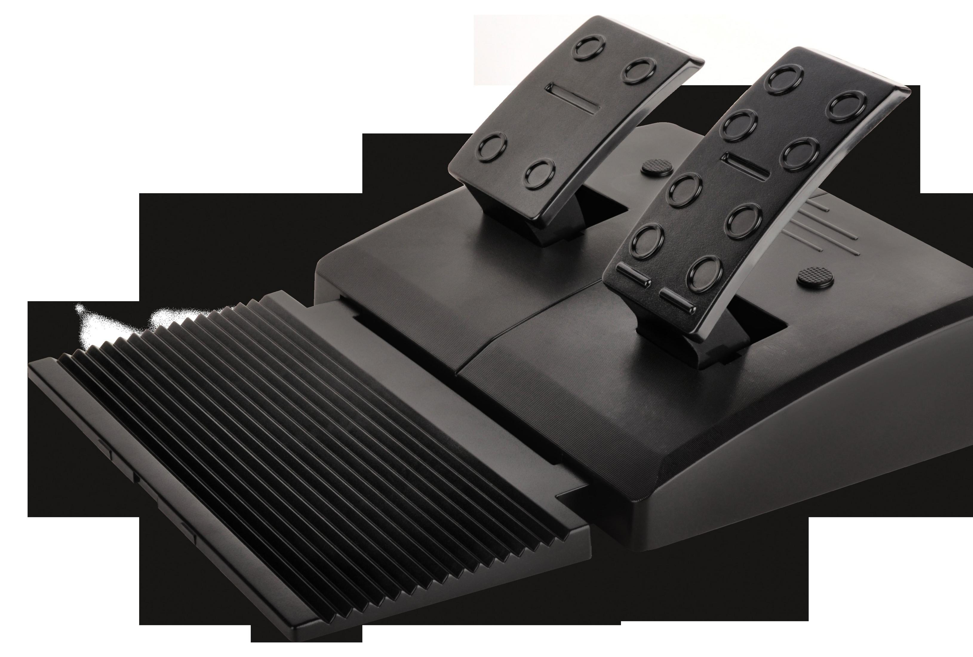 Black gaming pedals for a racing simulator, showing footrests and pedal details.