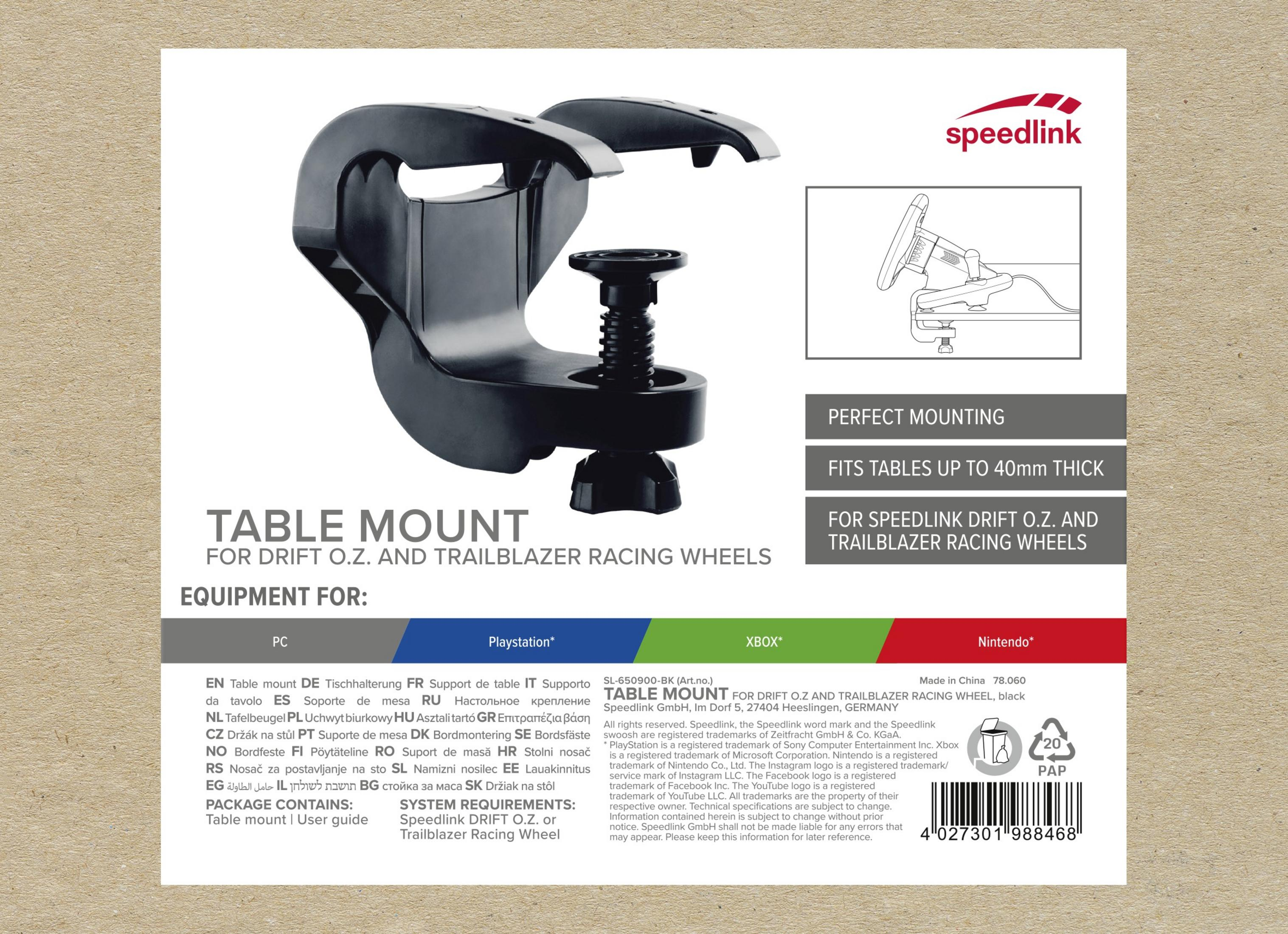 Packaging for a table mount, with instructions and product details. Brown background.
