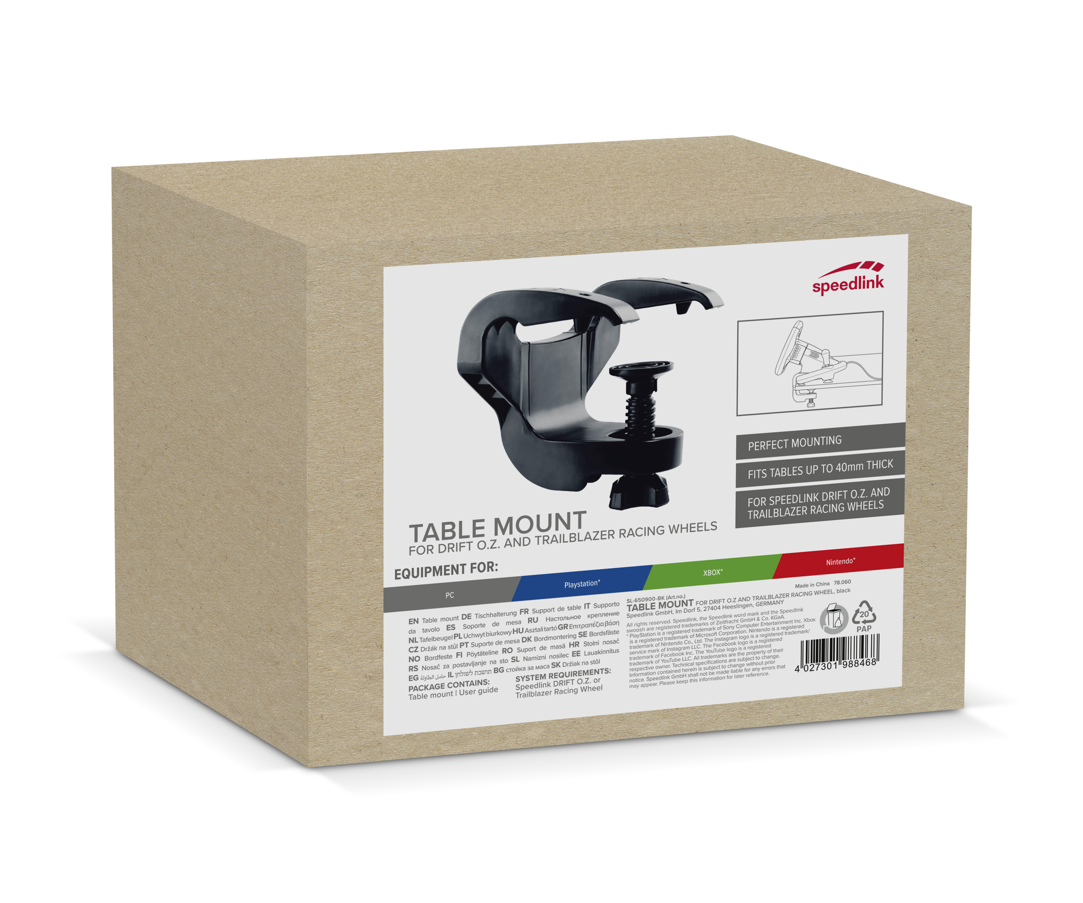 Cardboard box with a table mount. Text on the box is in multiple languages.
