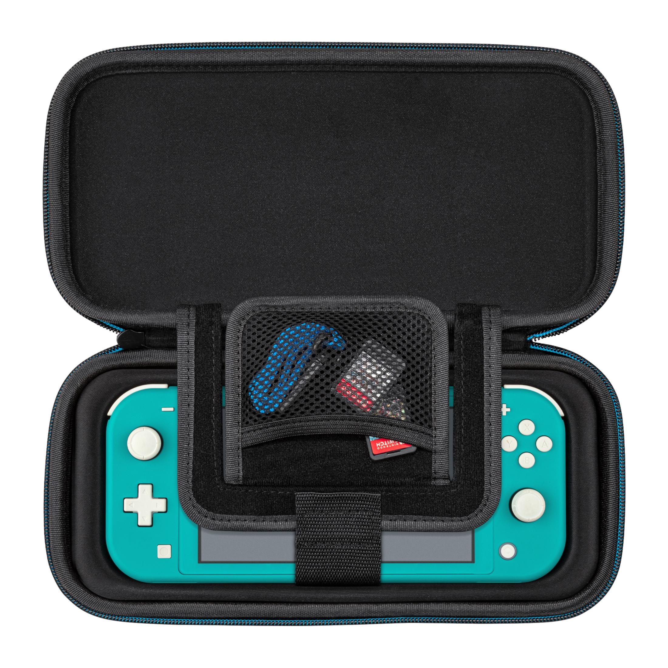 Otwarte etui na Nintendo Switch Lite, pokazujące konsolę i schowek na akcesoria.