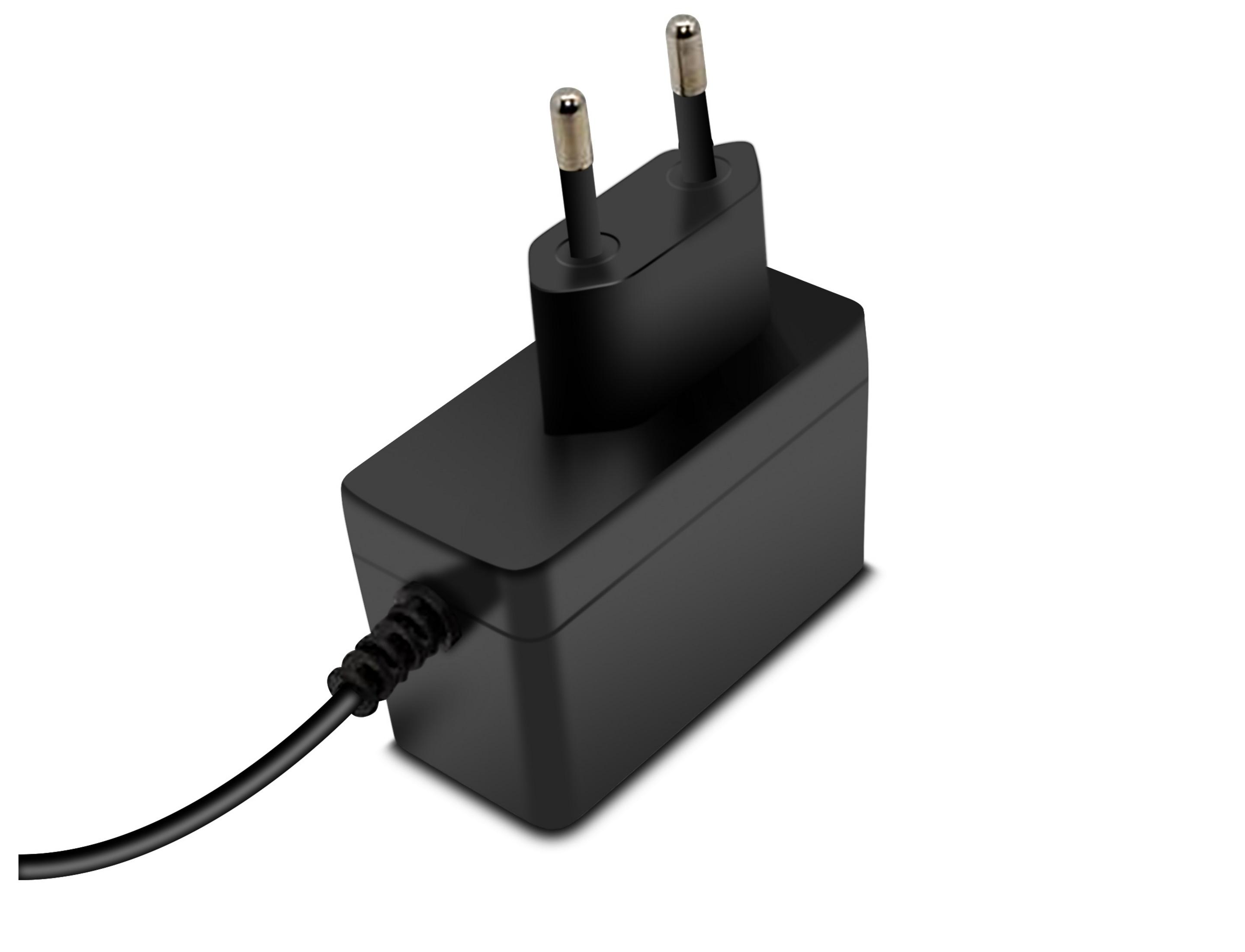 Ein schwarzer Netzadapter mit Kabel und zwei Steckern, weißer Hintergrund.