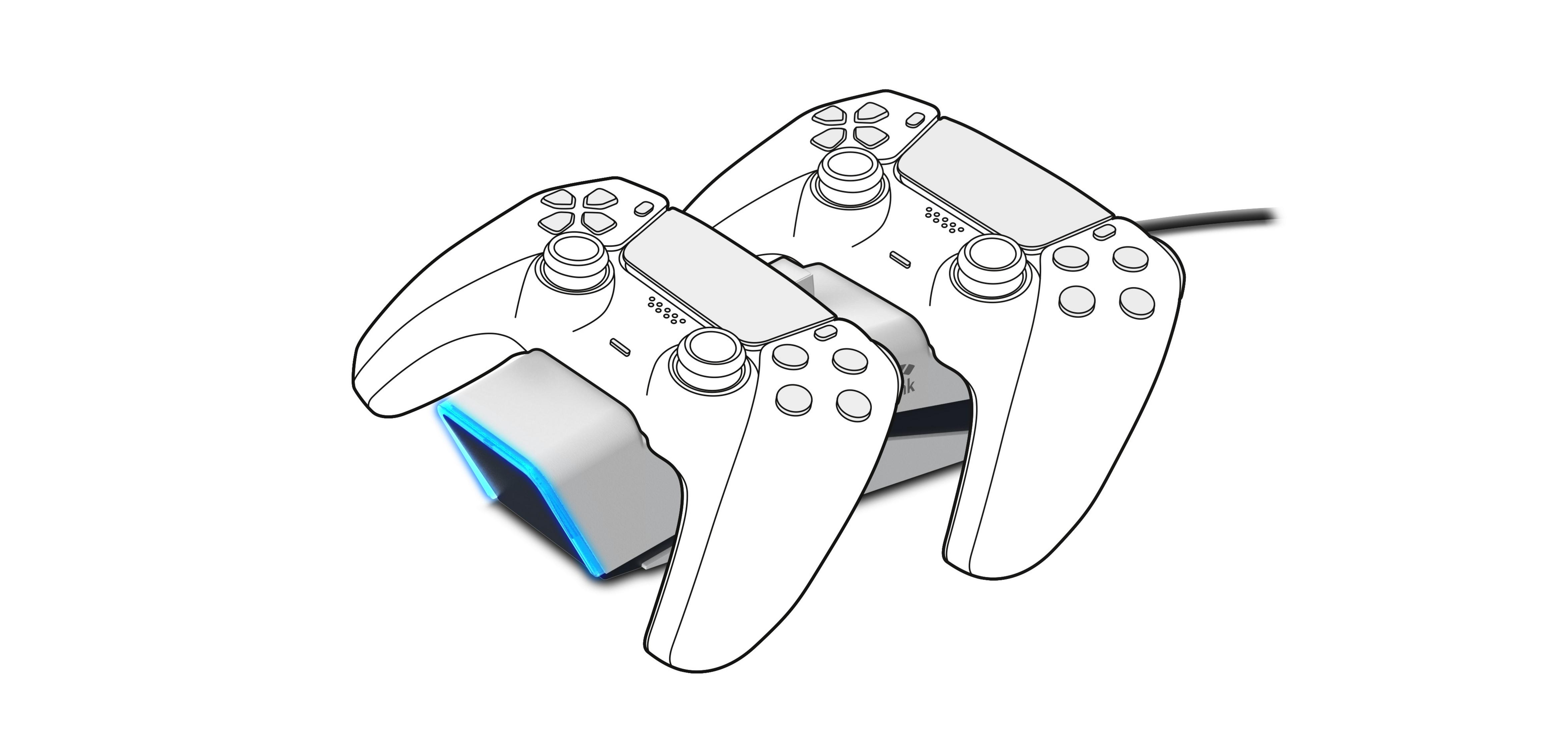 Zwei weiße Gamecontroller auf einer Ladestation. Weißer Hintergrund mit schwarzen Linien.
