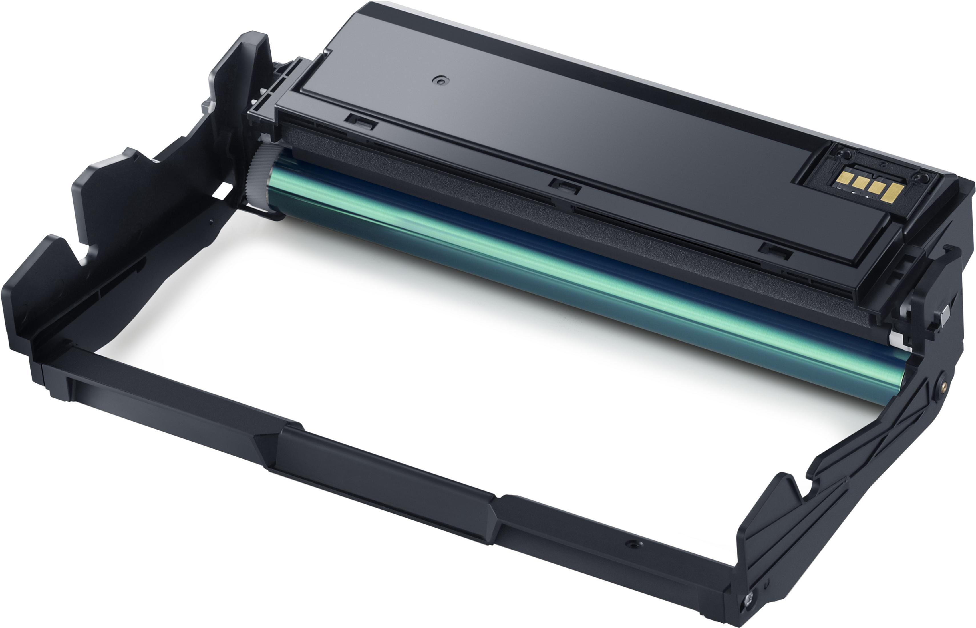 Cartuccia toner per stampante Samsung nera con rullo verde. La cartuccia è parzialmente visibile in una cornice.