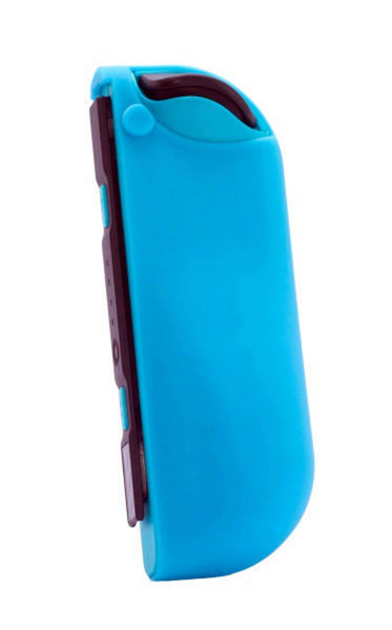 Agarre azul del controlador Nintendo Switch, en ángulo, fondo blanco. Un asa es visible.