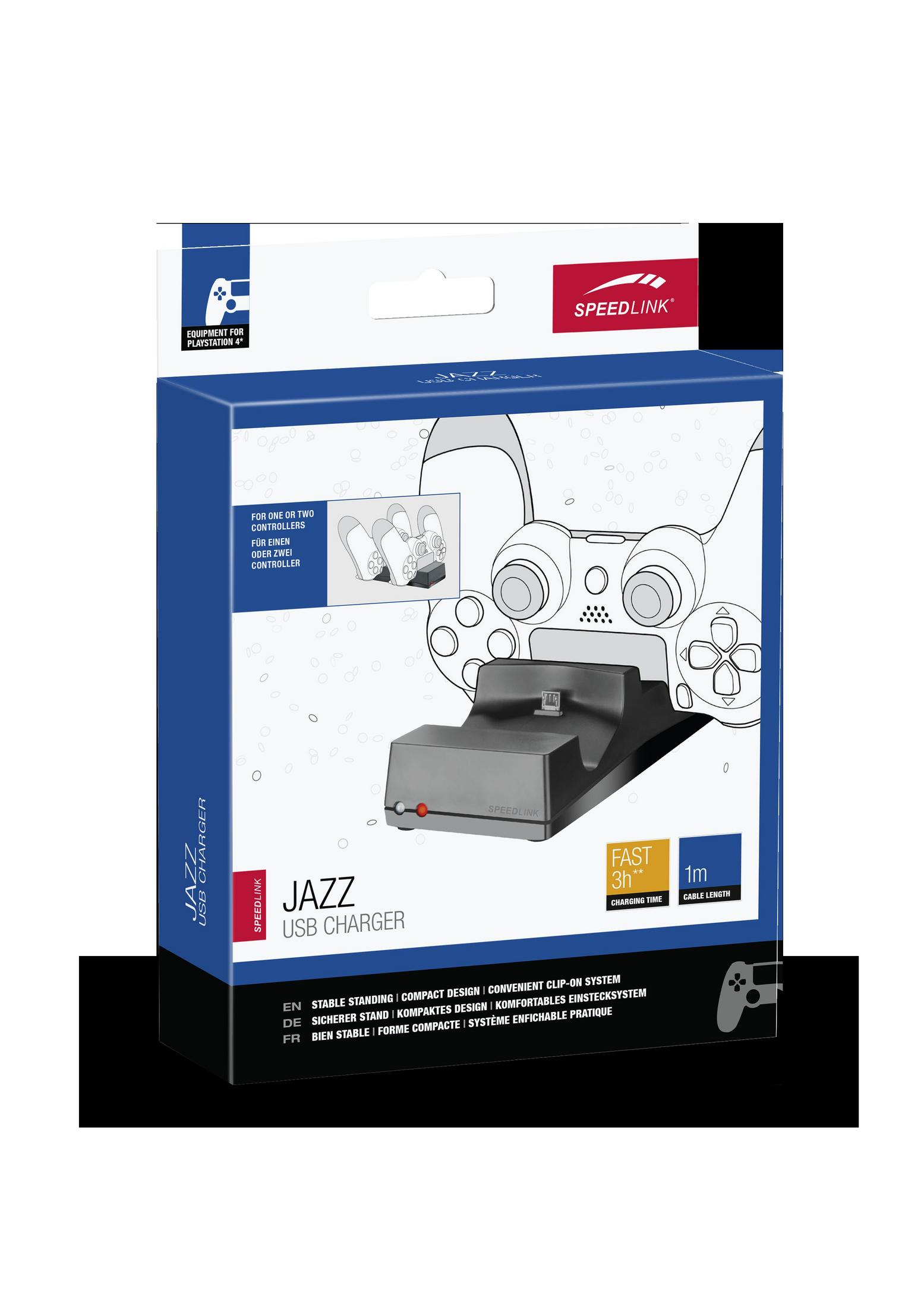 Blau-weiße Box. Sie zeigt einen schwarzen Gamecontroller und sein Ladegerät.
