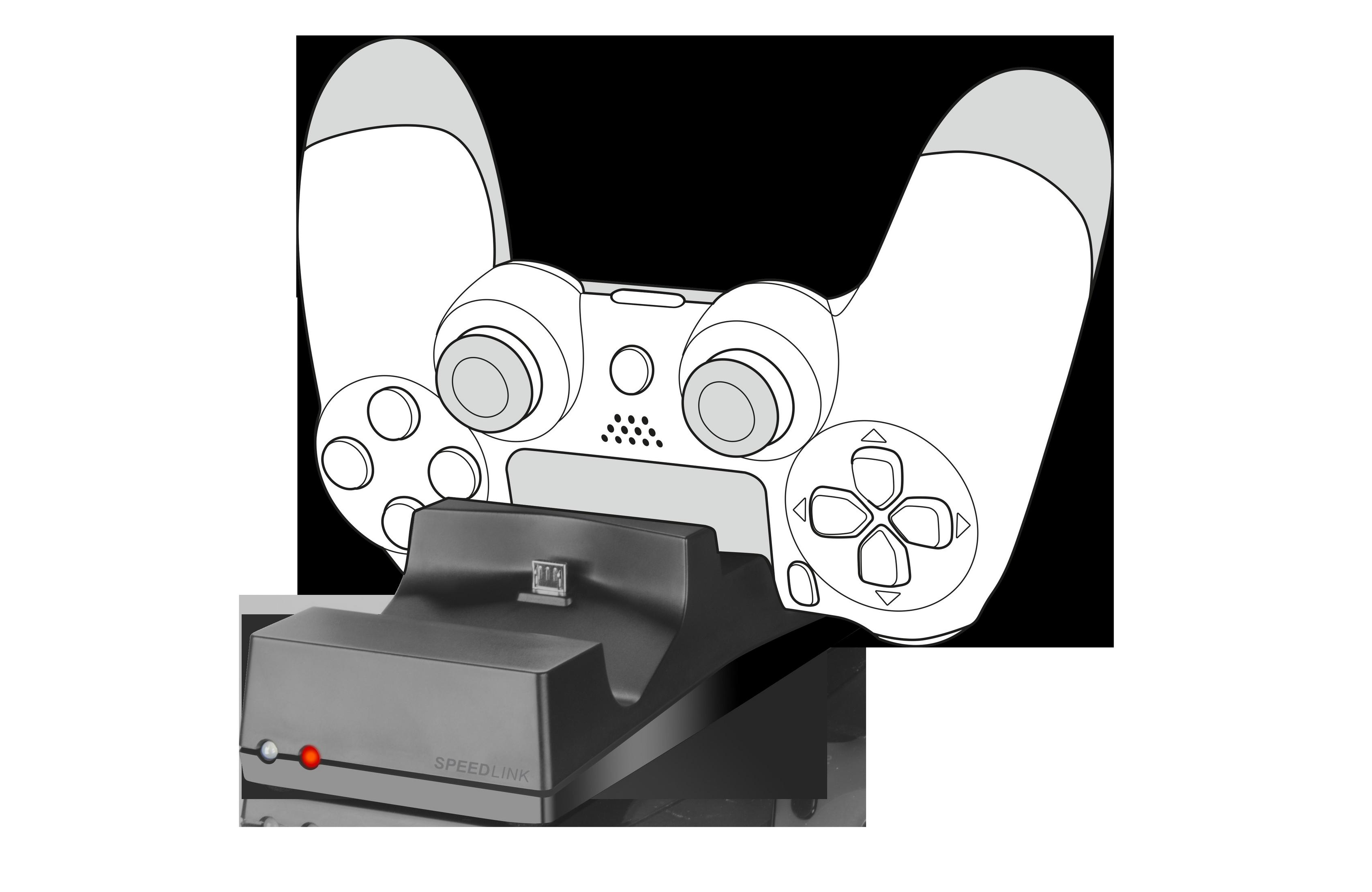Schwarz-Weiß-Illustration eines Gamepads und einer Ladestation mit rotem Licht.